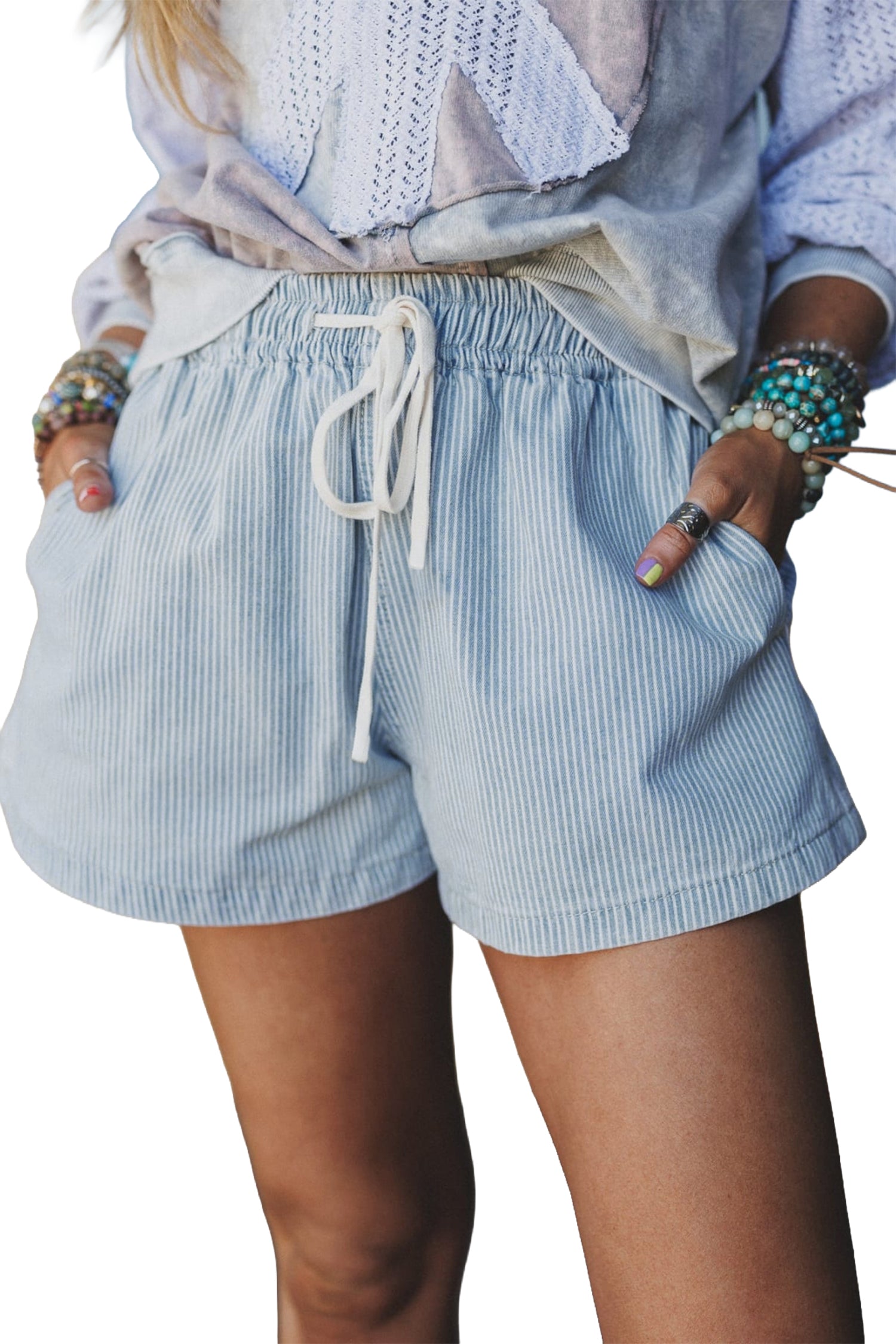 Sky Blue Stripe Drawstring Elastic Waist Casual Denim Shorts