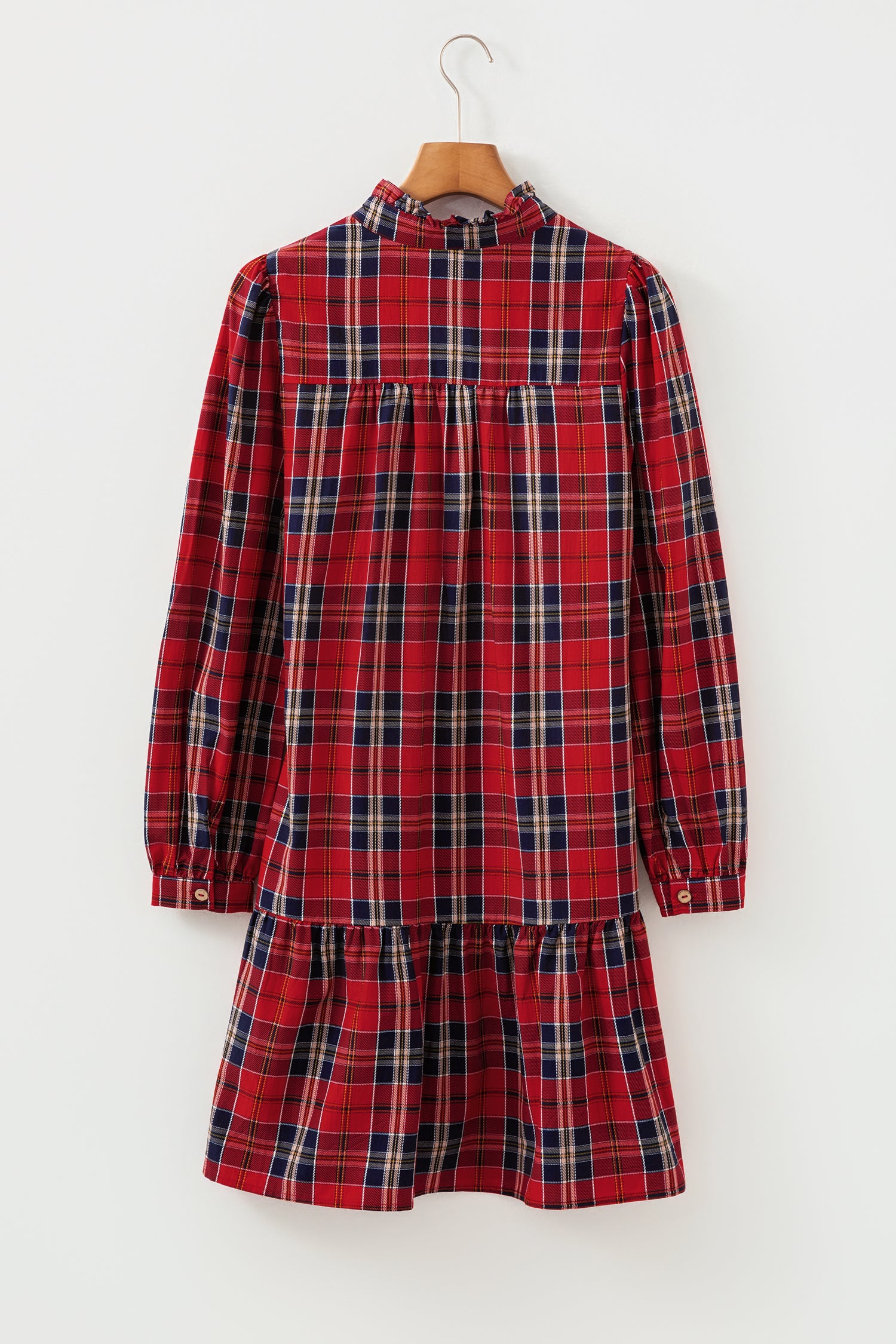 Red Plaid Print Frilly Collar Long Sleeve Shift Mini Dress