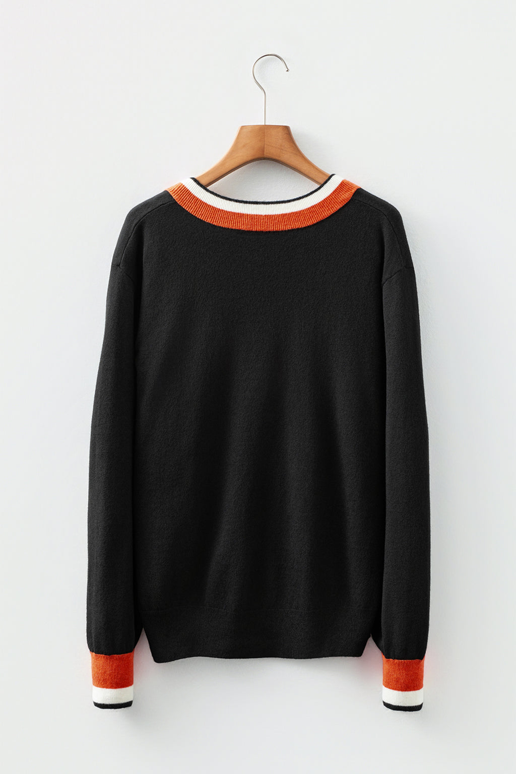 Black Contrast Striped Trim V Neck Varsity Sweater