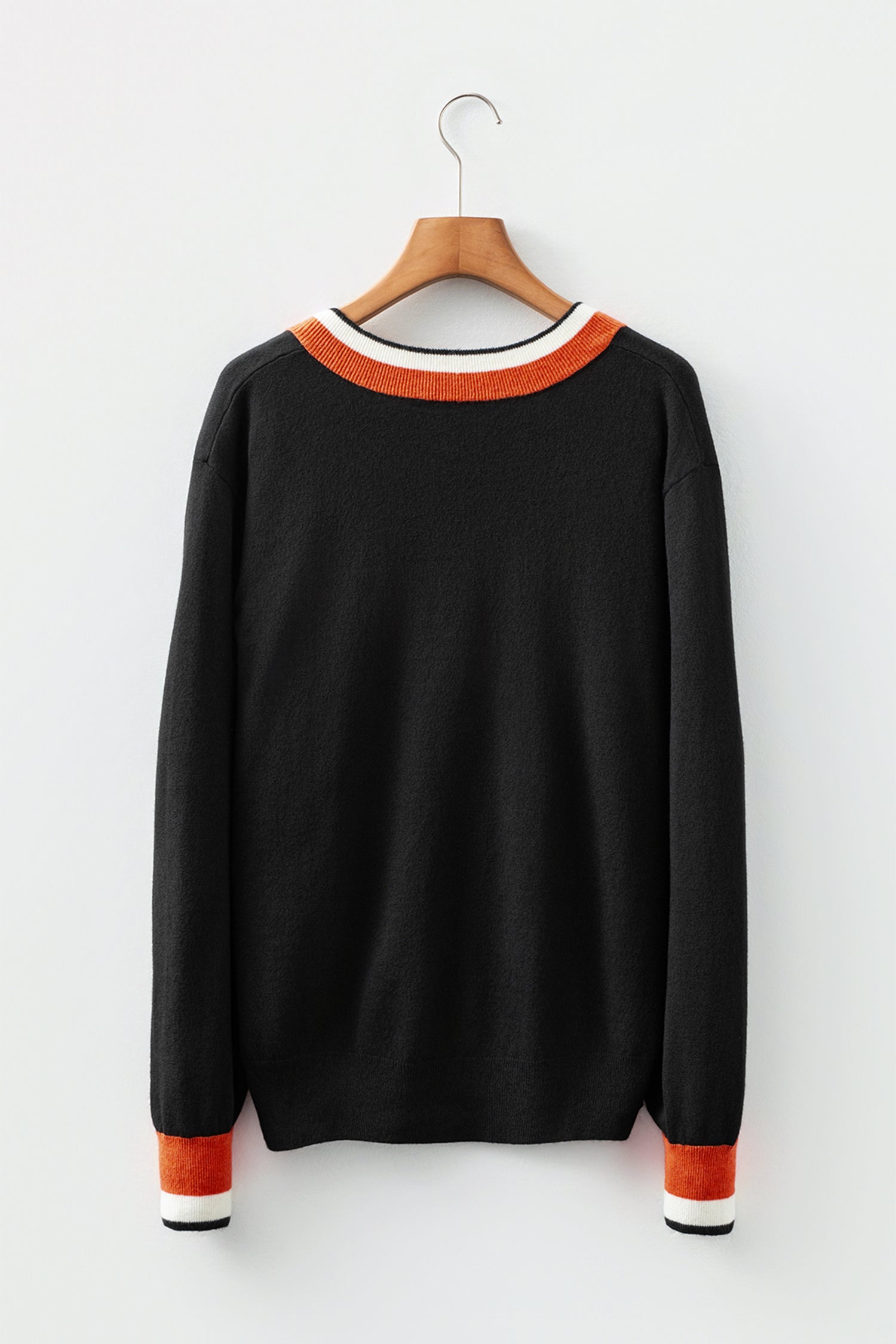 Black Contrast Striped Trim V Neck Varsity Sweater