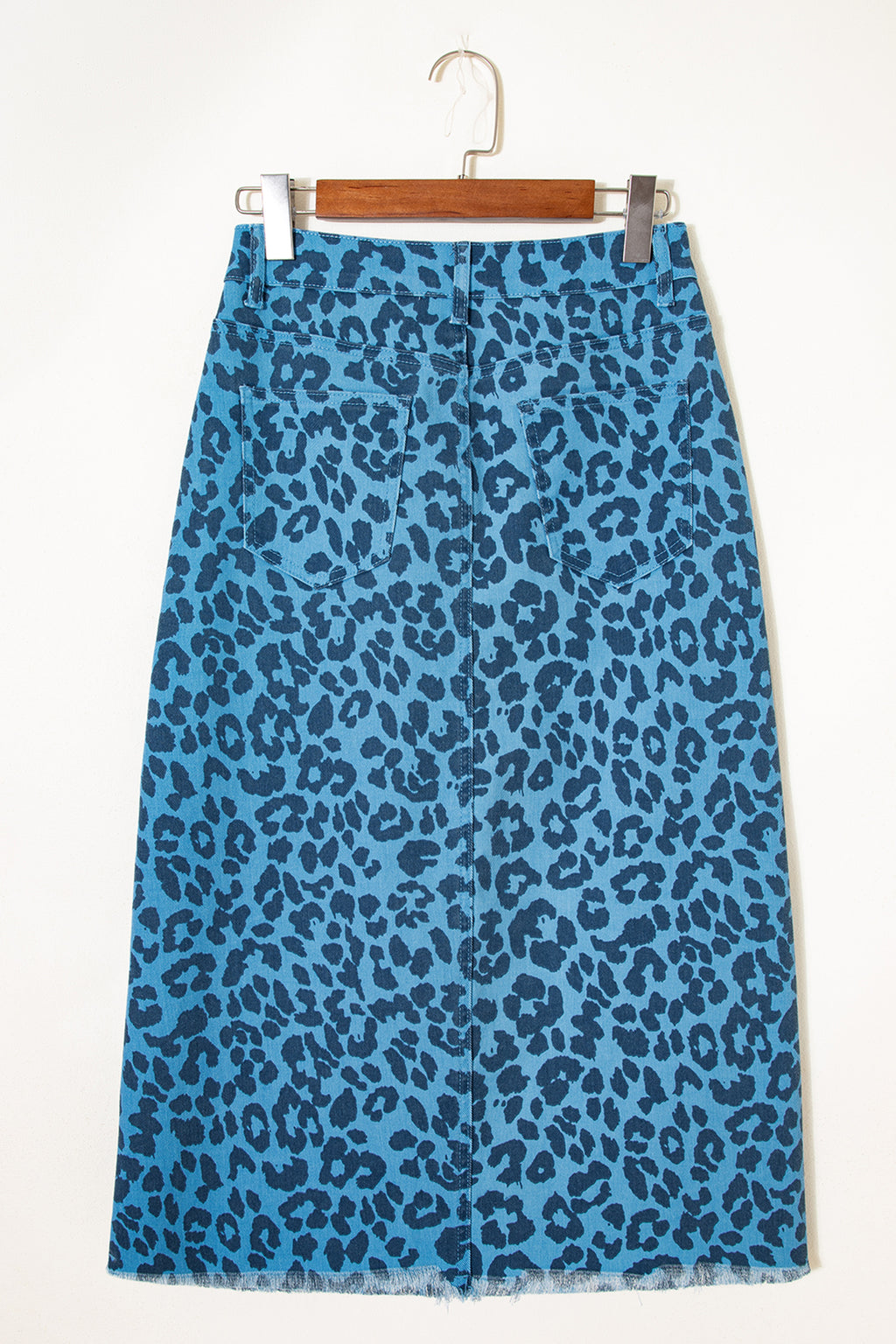 Sky Blue Leopard Denim Frayed Split Denim Midi Skirt