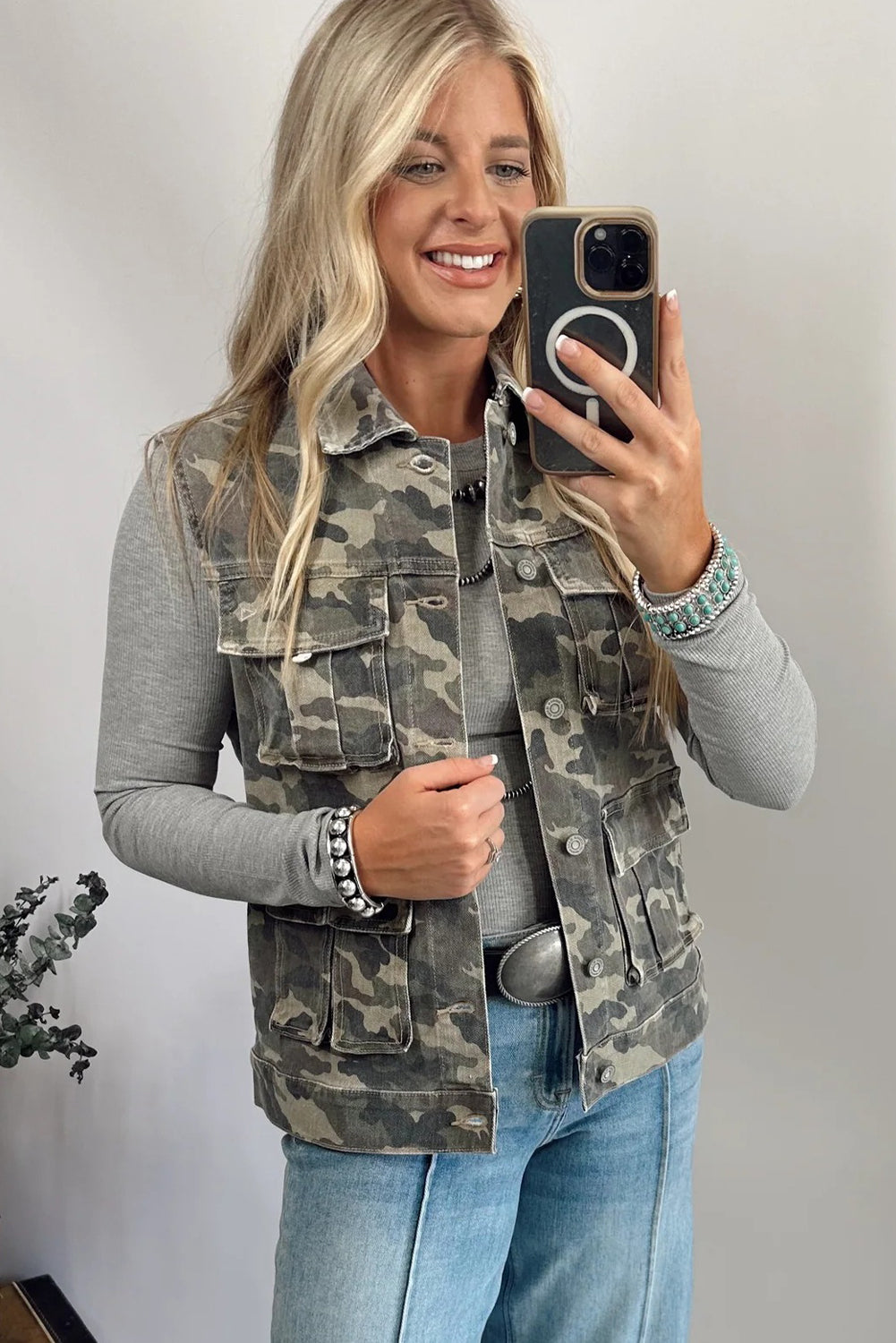 Green Camo Cargo Denim Vest