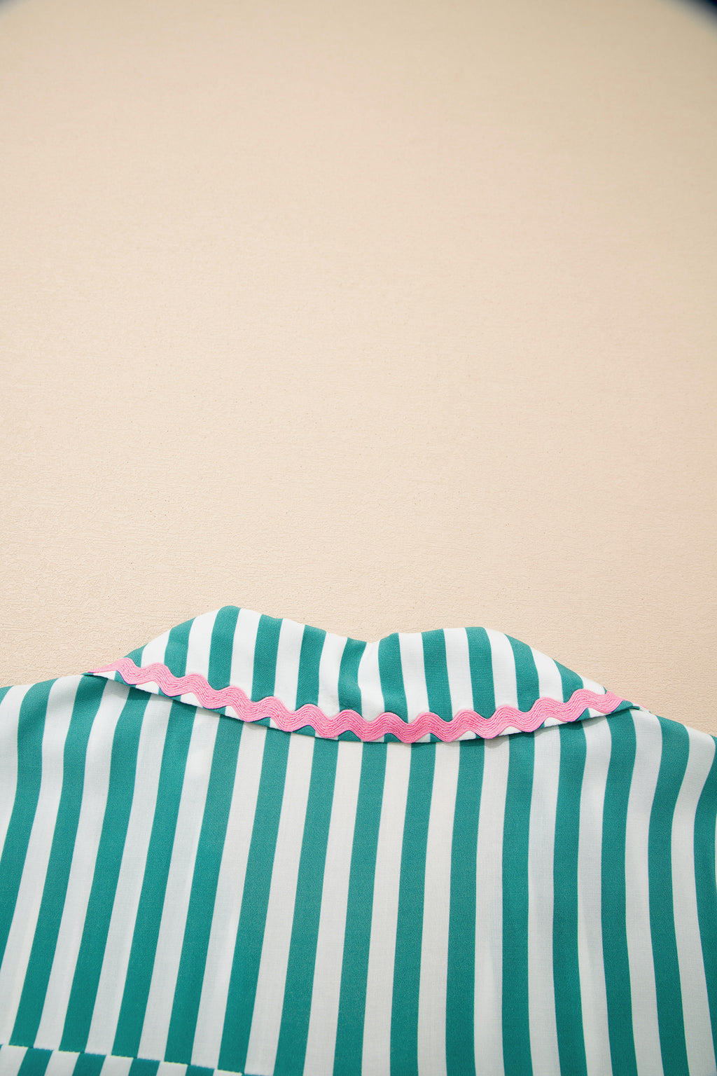 Green Stripe Contrast Ricrac Trim Long Sleeve Shirt Drawstring Ruffled Pajama Short Set