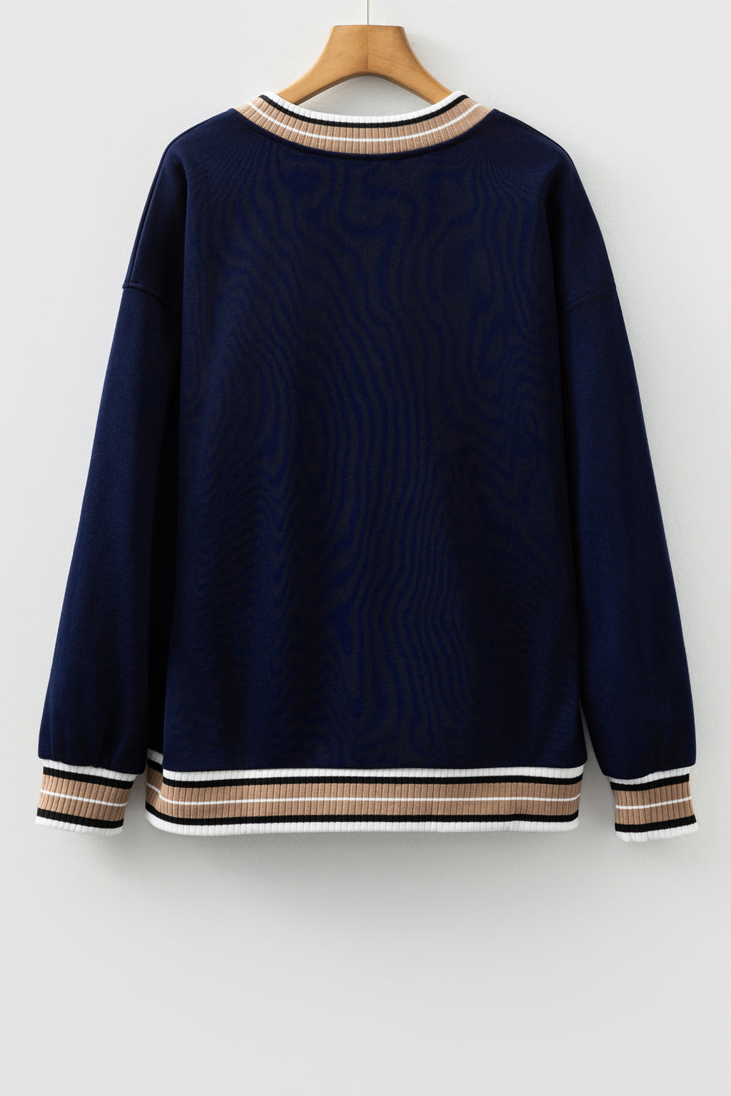 Navy Blue Varsity Contrast Striped Trim V Neck Sweatshirt
