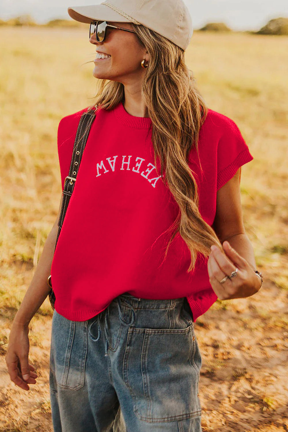 Fiery Red YEEHAW Embroidered Letter Loose Short Sleeve Sweater