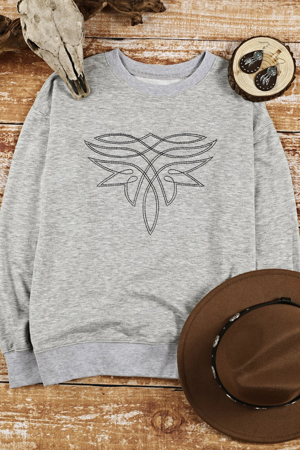 Gray Western Pattern Embroidered Drop Shoulder Pullover Top