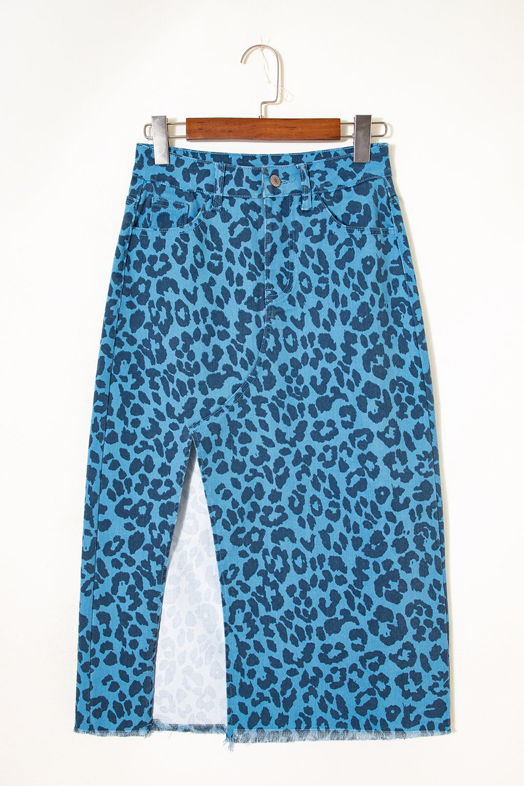 Sky Blue Leopard Denim Frayed Split Denim Midi Skirt