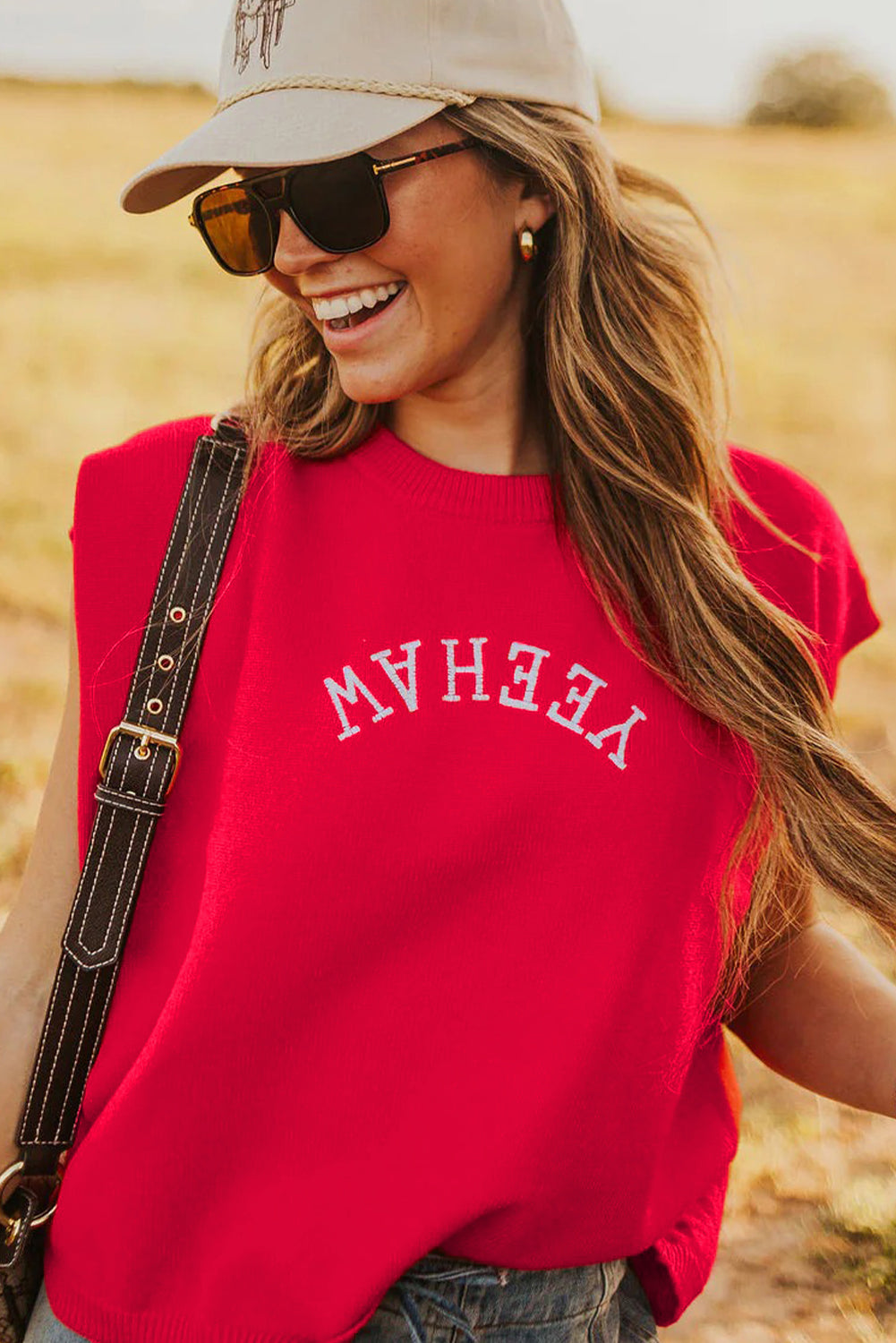 Fiery Red YEEHAW Embroidered Letter Loose Short Sleeve Sweater