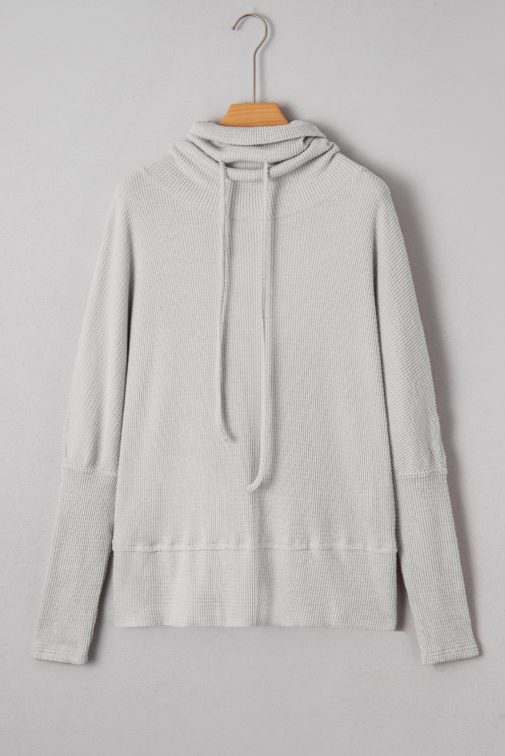 Light Grey Textured Knit Drawstring Cowl Neck Oversize Top with Side Slits