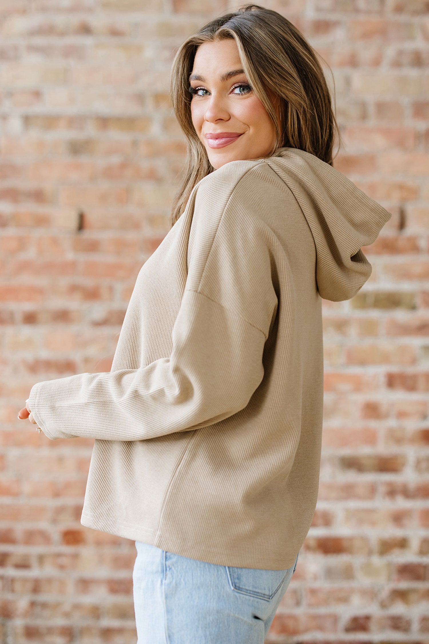 Jet Stream Thermal Textured Lace Drawstring Baggy Hoodie