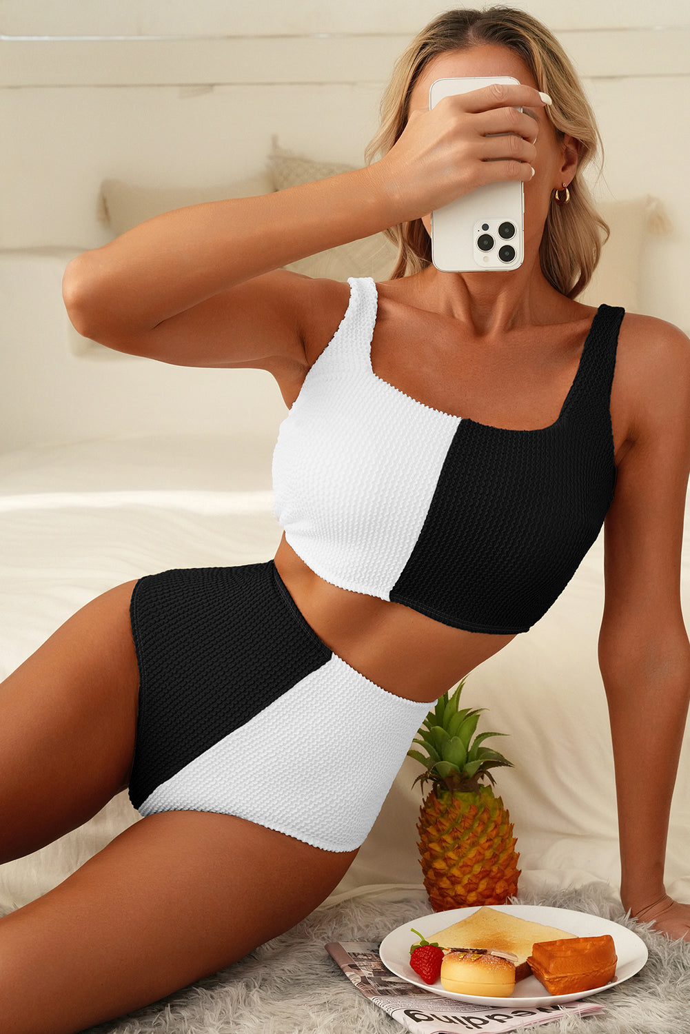 Color Black Corded Colorblock Square Neck Bikini Swimsuit
