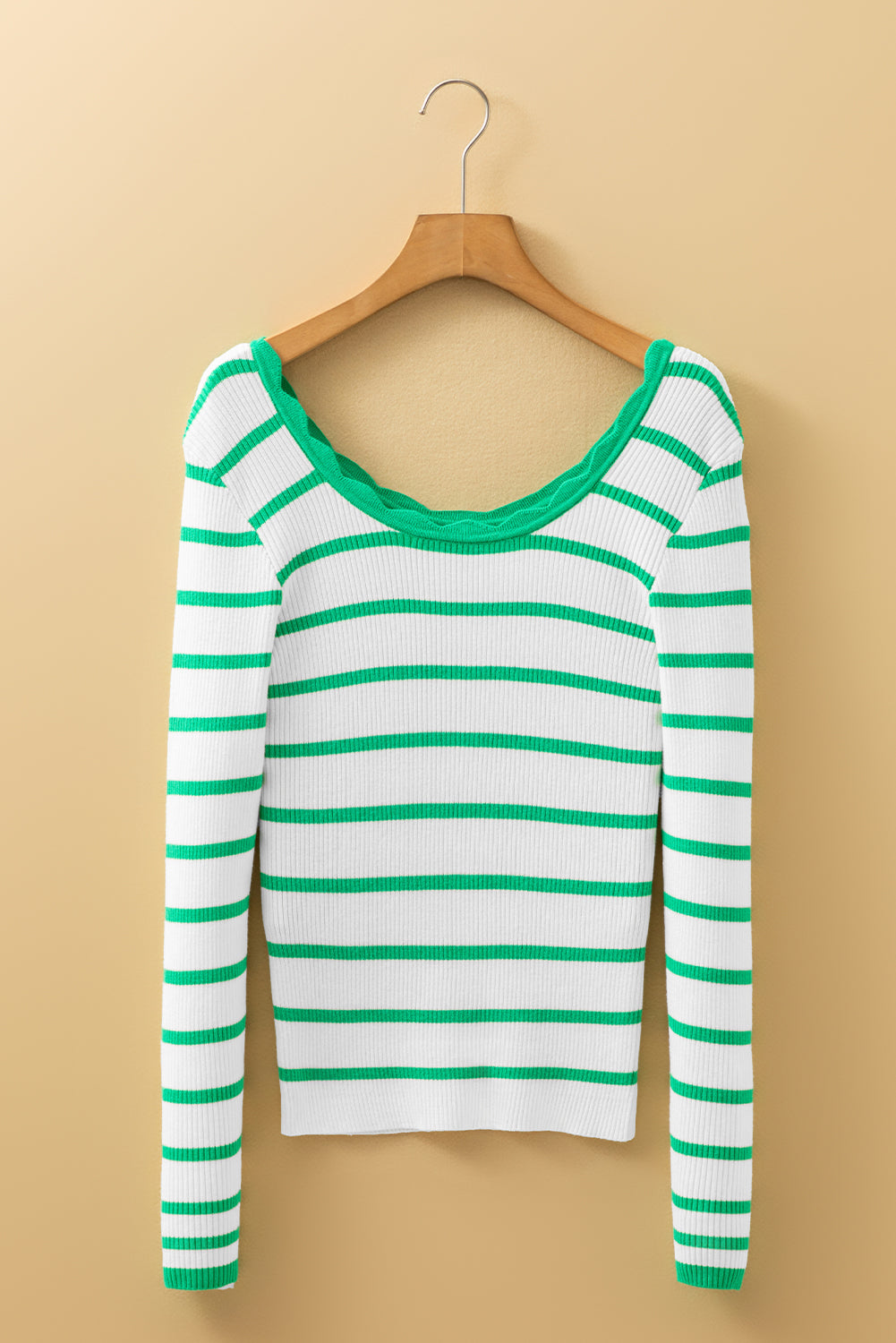 Bright Green Scalloped Trim U Neck Striped Ribbed Slim Sweater