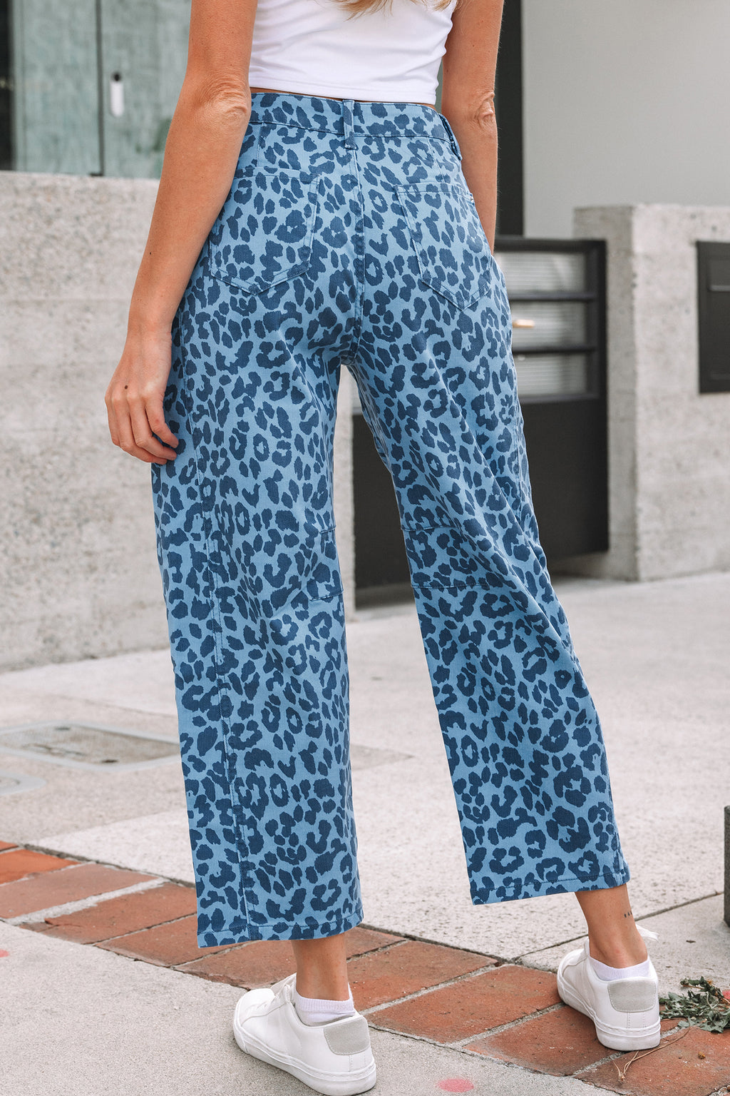 Sky Blue Leopard Print Straight Loose Jeans