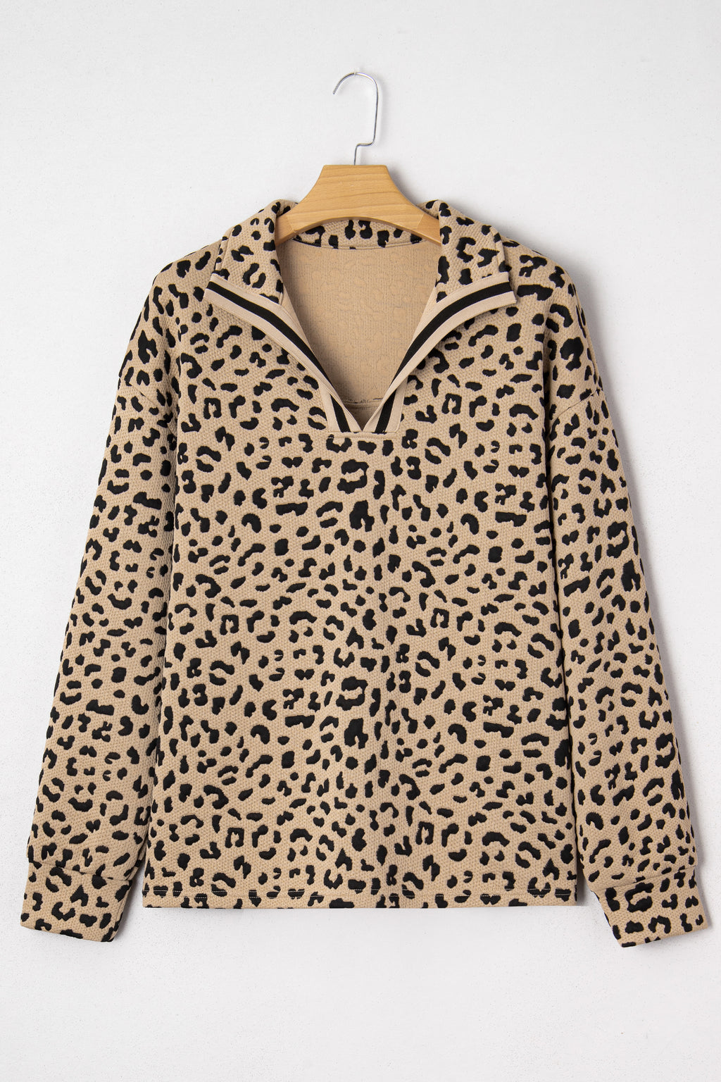 Parchment Leopard Polo Collar V Neck Pullover Top