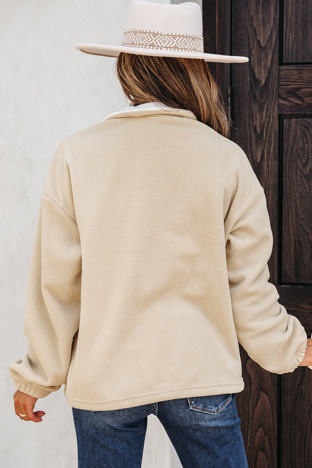 Parchment Fleece Colorblock Patchwork Zipped Neck Pullover Sweatshirt