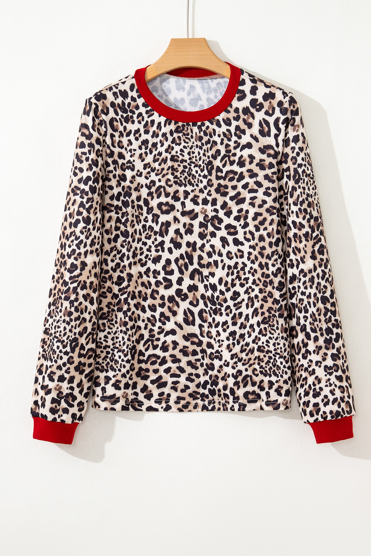 Brown Leopard Print Contrast Trim Round Neck Long Sleeve Top