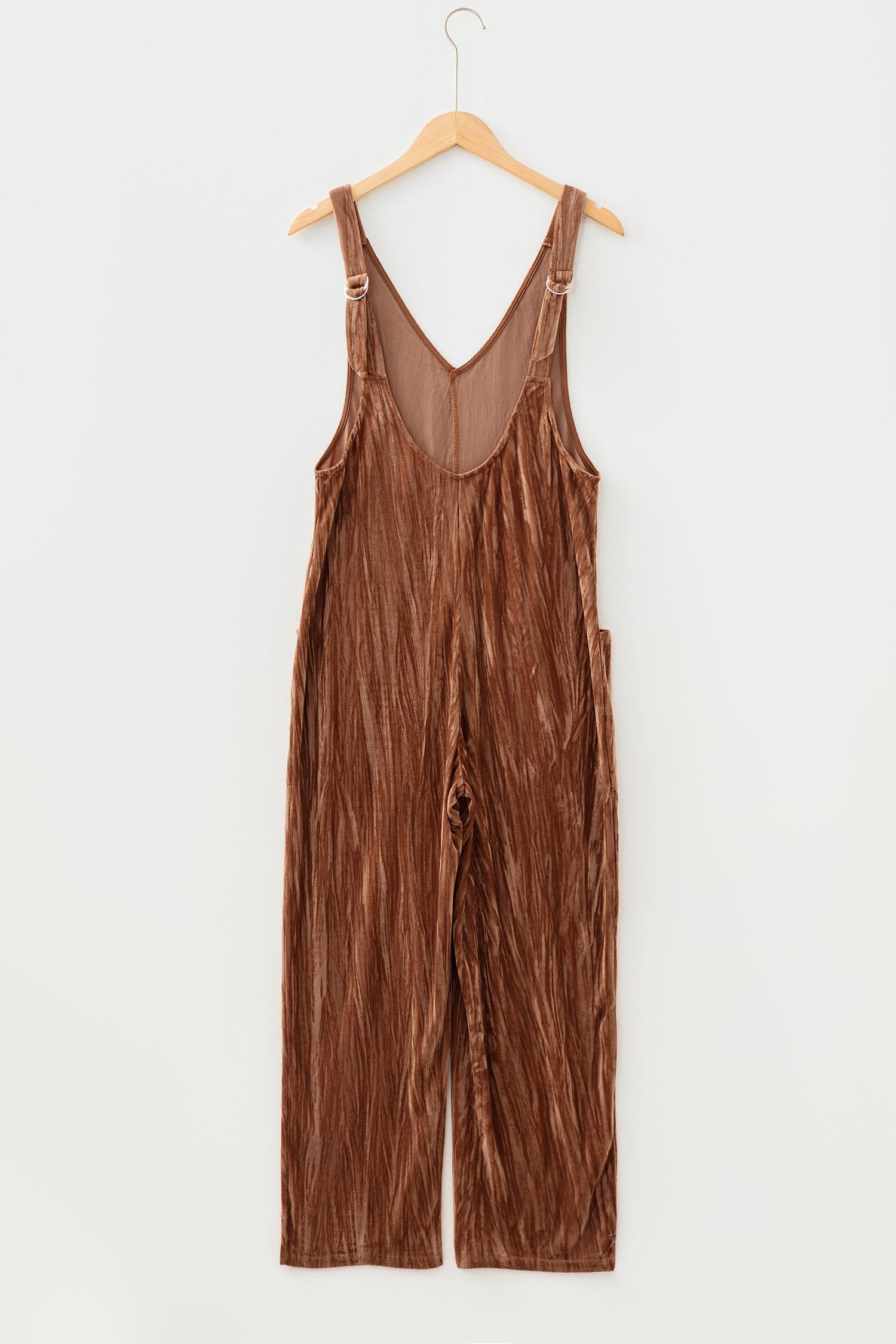Chicory Coffee Velvet Adjustable Straps Patched Pocket Sleeveless Jumpsuit