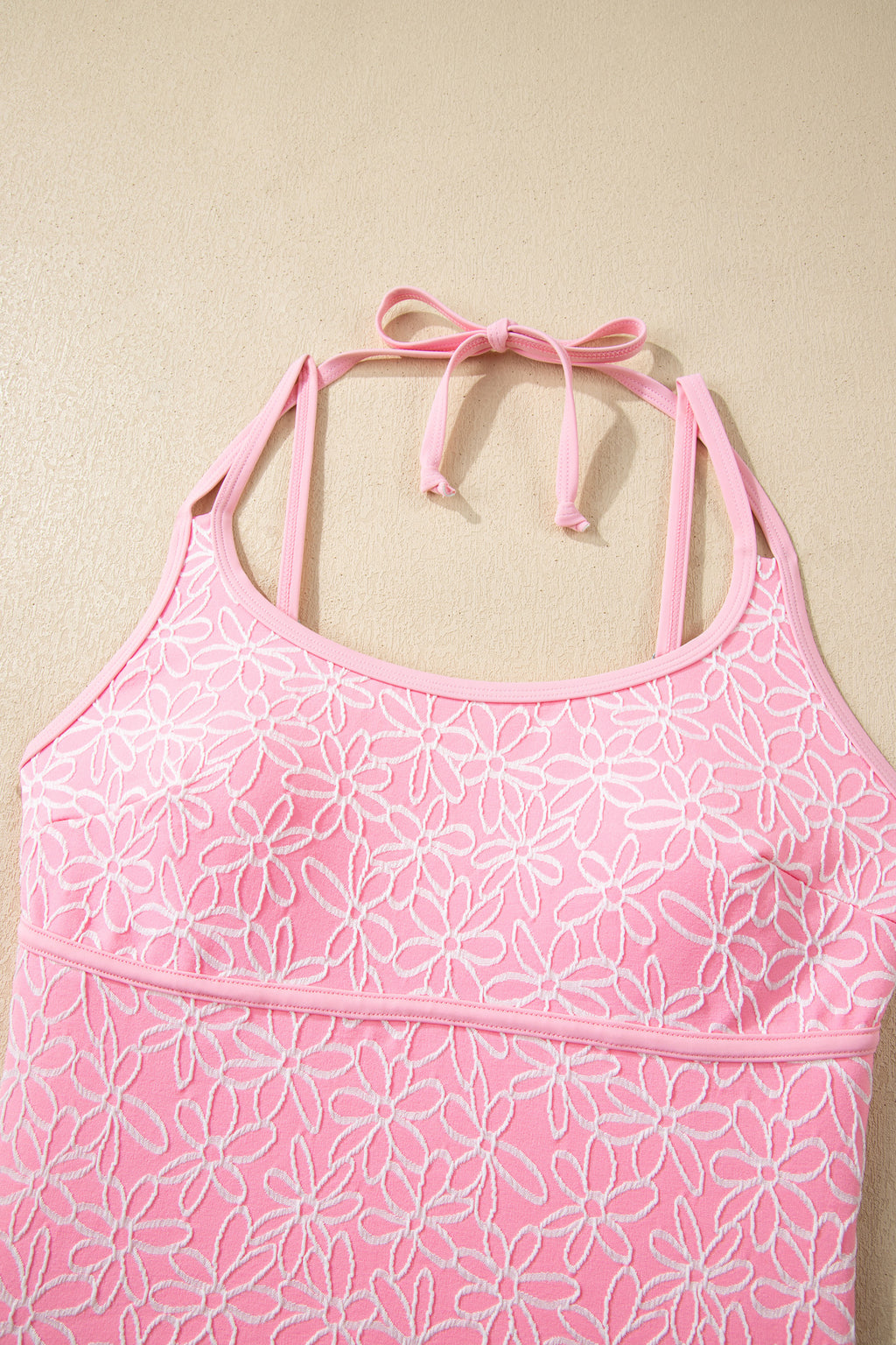 Pink Corded Flower Texture Spaghetti Straps Halterneck One Piece Swimsuit