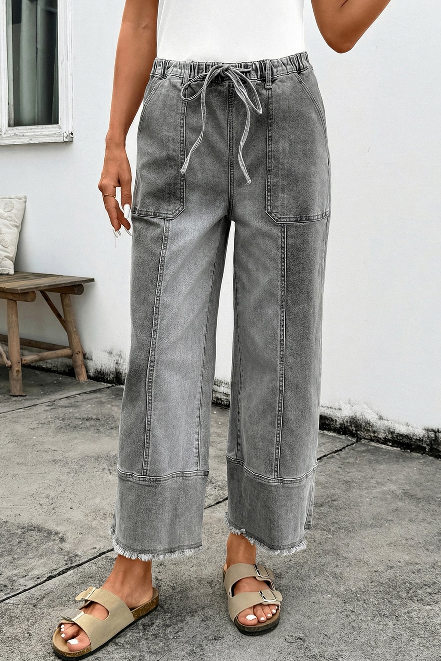 Gray Drawstring Seam Detail Raw Hem Wide Leg Denim Pants
