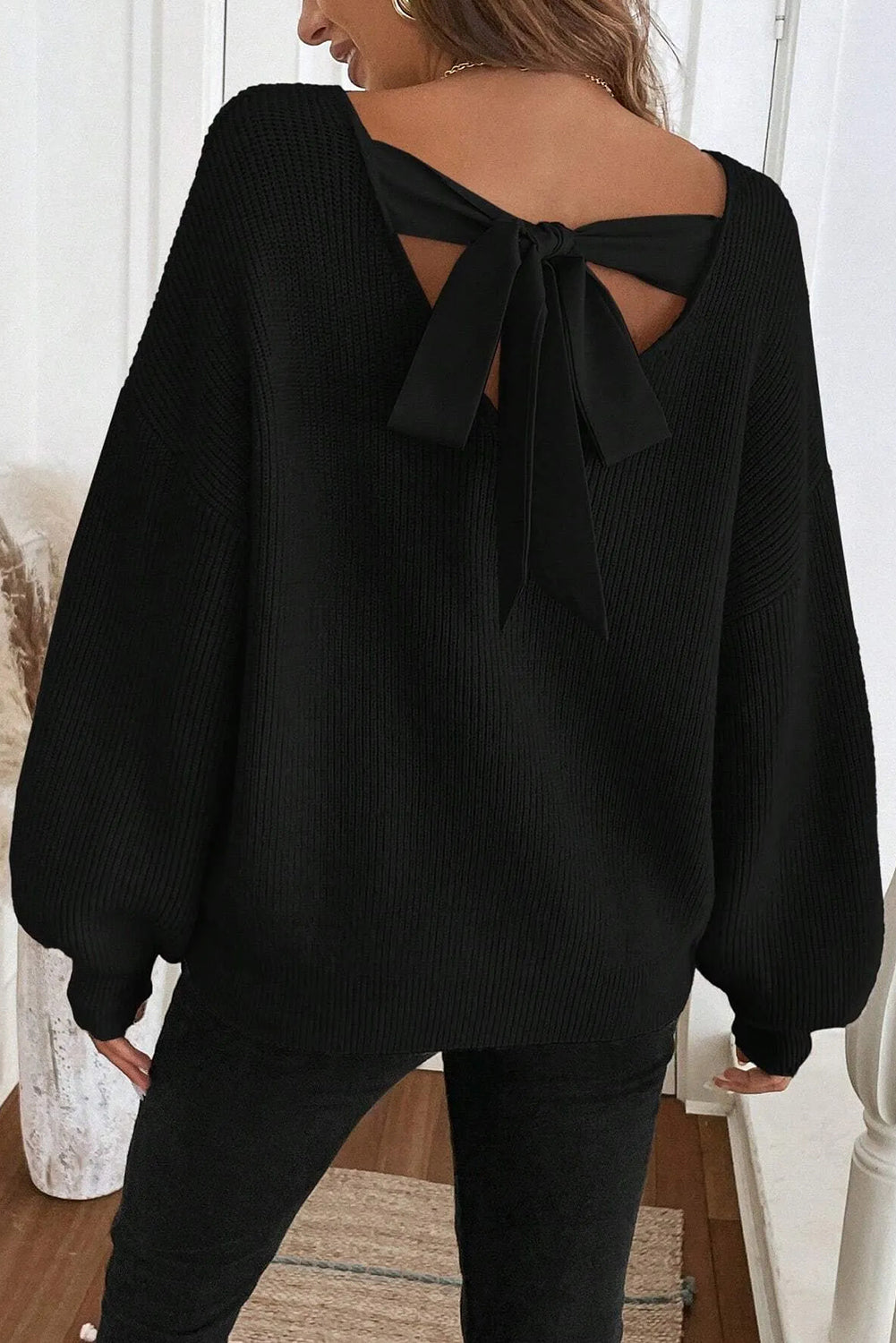 Black Ribbed Knit Ribbon Knot Backless Drop Shoulder Sweater