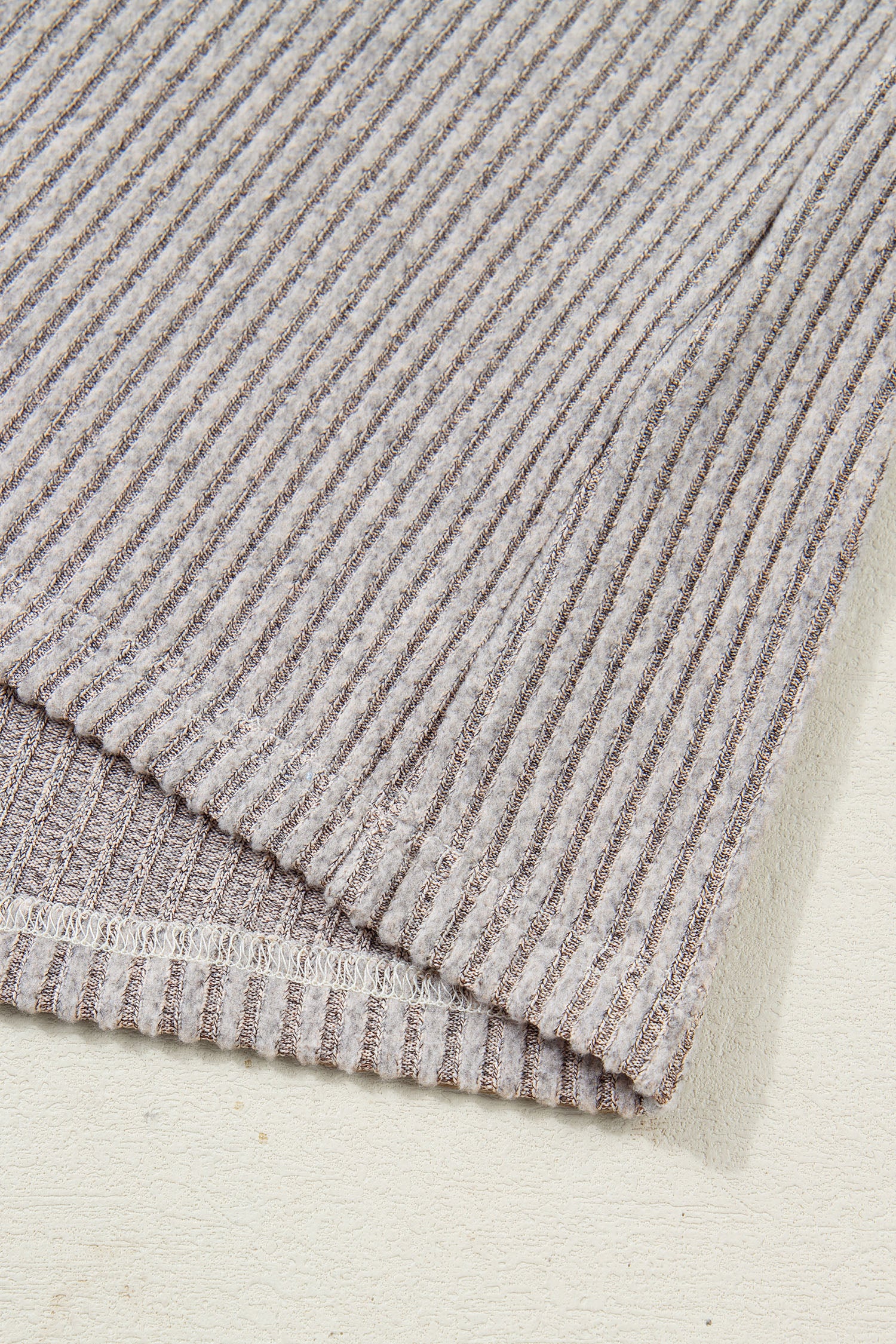 Simply Taupe Ribbed V Neck Contrast Ribbon Bow Back Drop Shoulder Long Sleeve Top