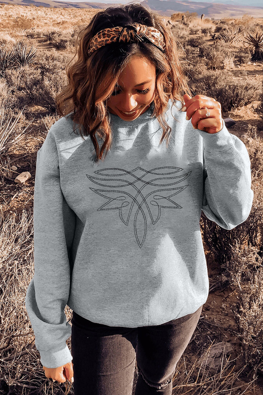 Gray Western Pattern Embroidered Drop Shoulder Pullover Top