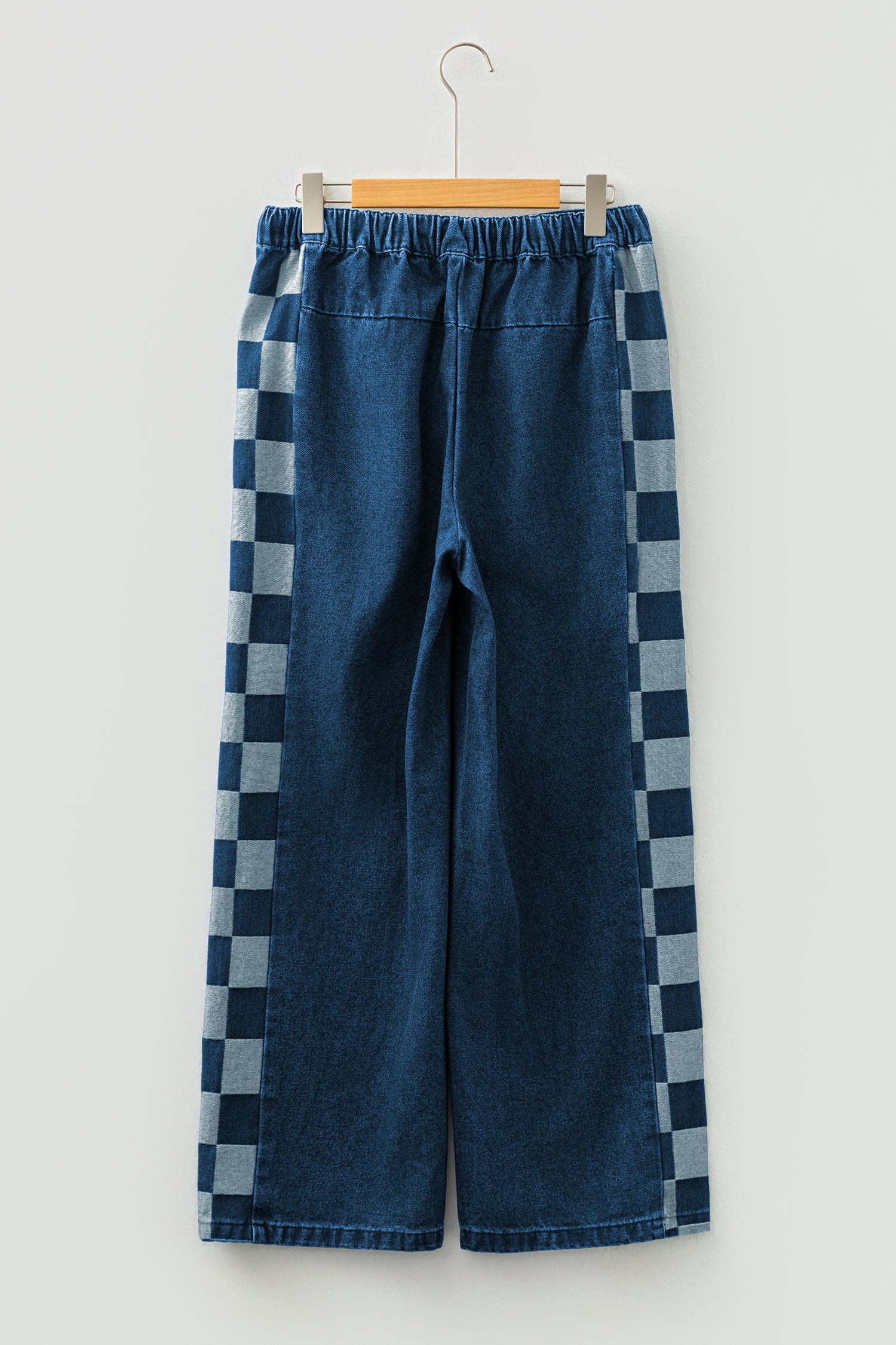 Sail Blue Checkered Side Panel Patchwork Drawstring Loose Denim Pants