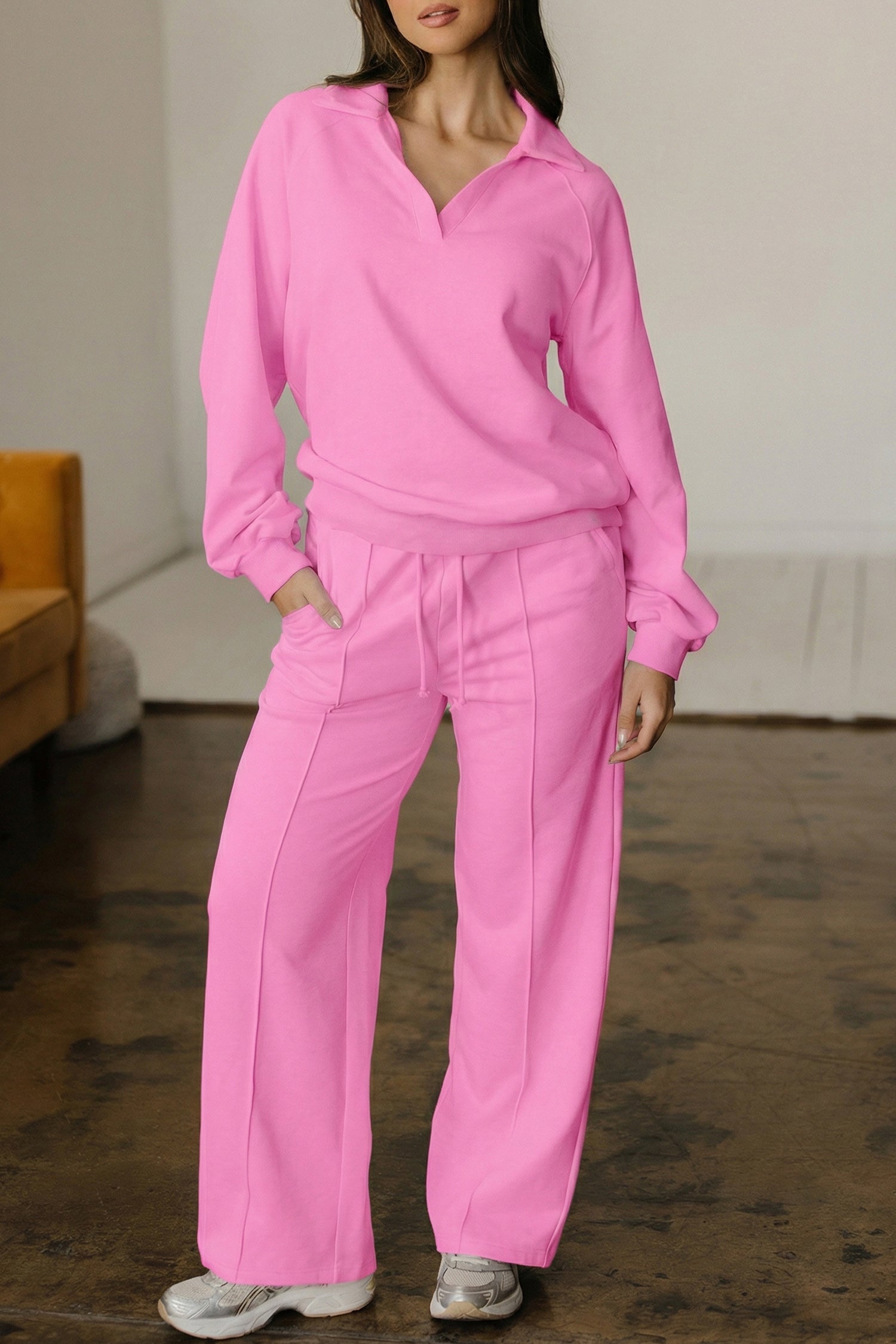 Bright Pink Polo Collar V Neck Pullover and Drawstring Sweatpants Set