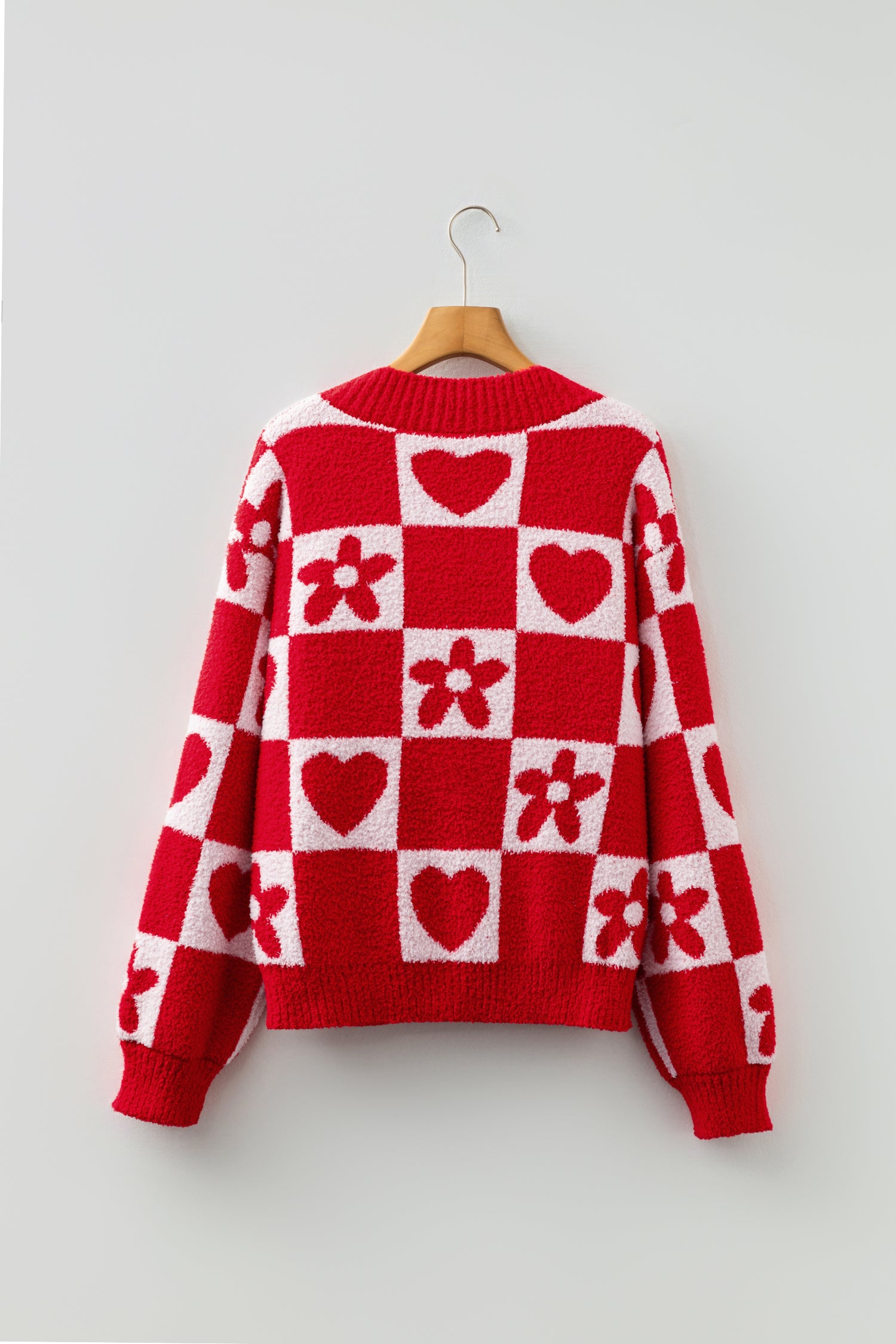 Fiery Red V Neck Flower Heart Detail Checkered Knit Loose Sweater