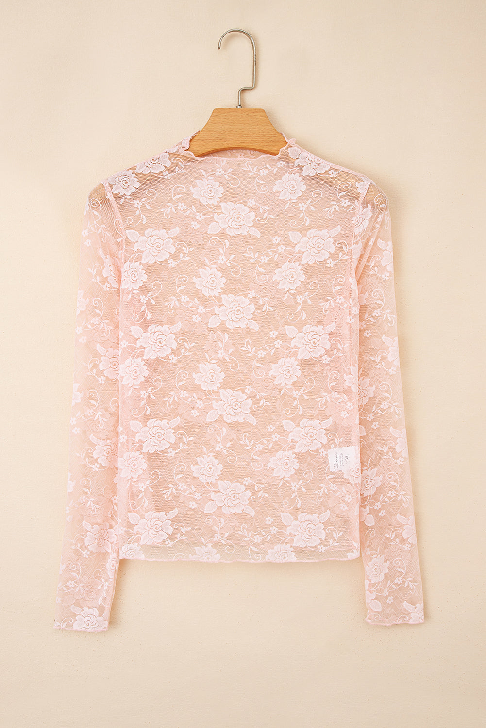 Apricot Pink Sheer Floral Lace Mesh Mock Neck Long Sleeve Top