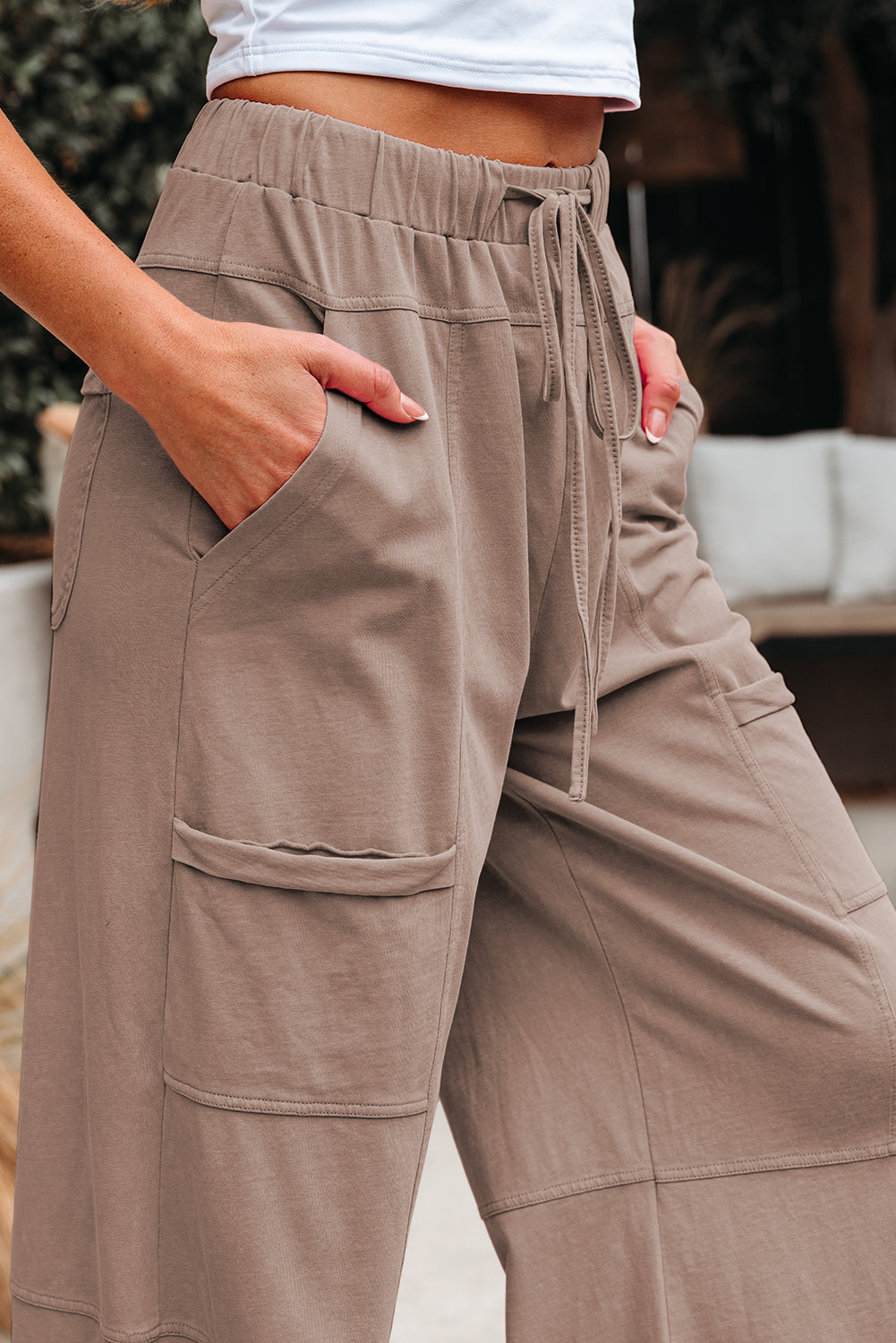 Smoke Gray Mineral Wash Exposed Seam Drawstring Elastic Waistband Wide Leg Cargo Pants