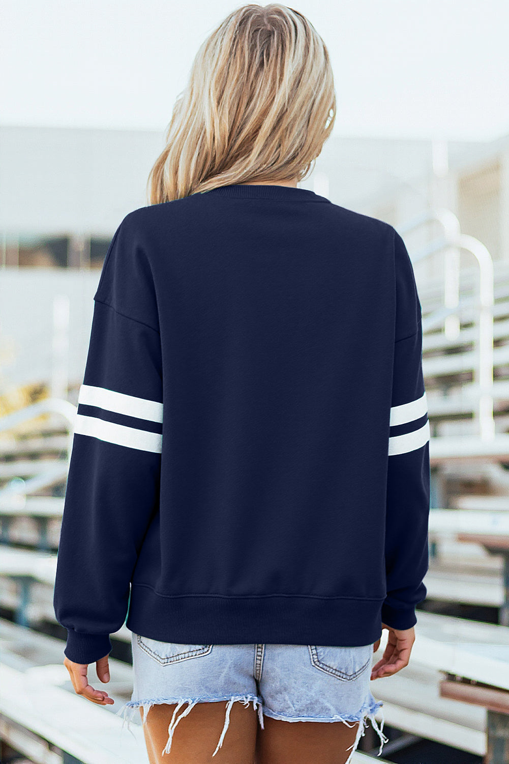 Navy Blue Varsity Striped Detail Drop Shoulder Oversized Sweatshirt