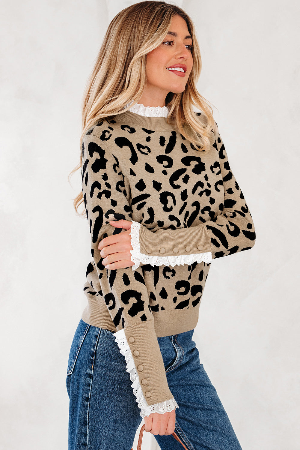 Dearlovers Brown Leopard Pattern Lace Ribbed Detail Button Cuffed Sweater