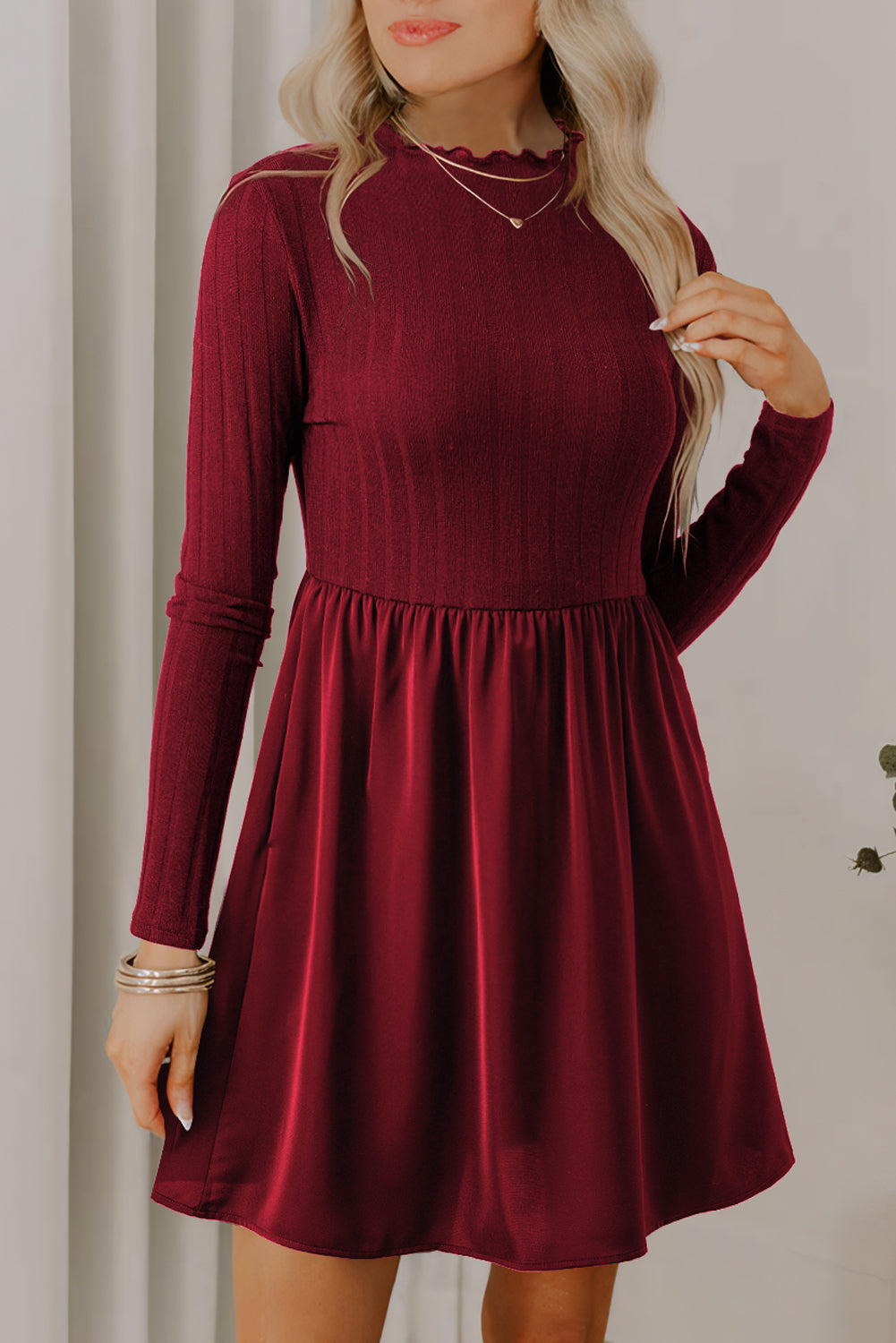 Red Dahlia Frilled Neck Ribbed Knit Patchwork Long Sleeve Mini Dress