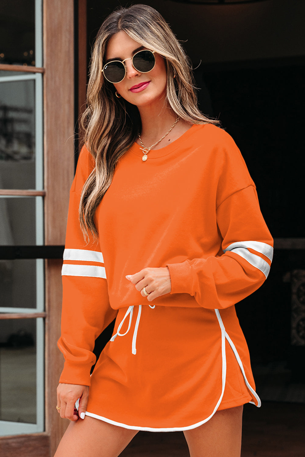 Orange Varsity Stripe Detail Drop Shoulder Pullover Mini Skort Set