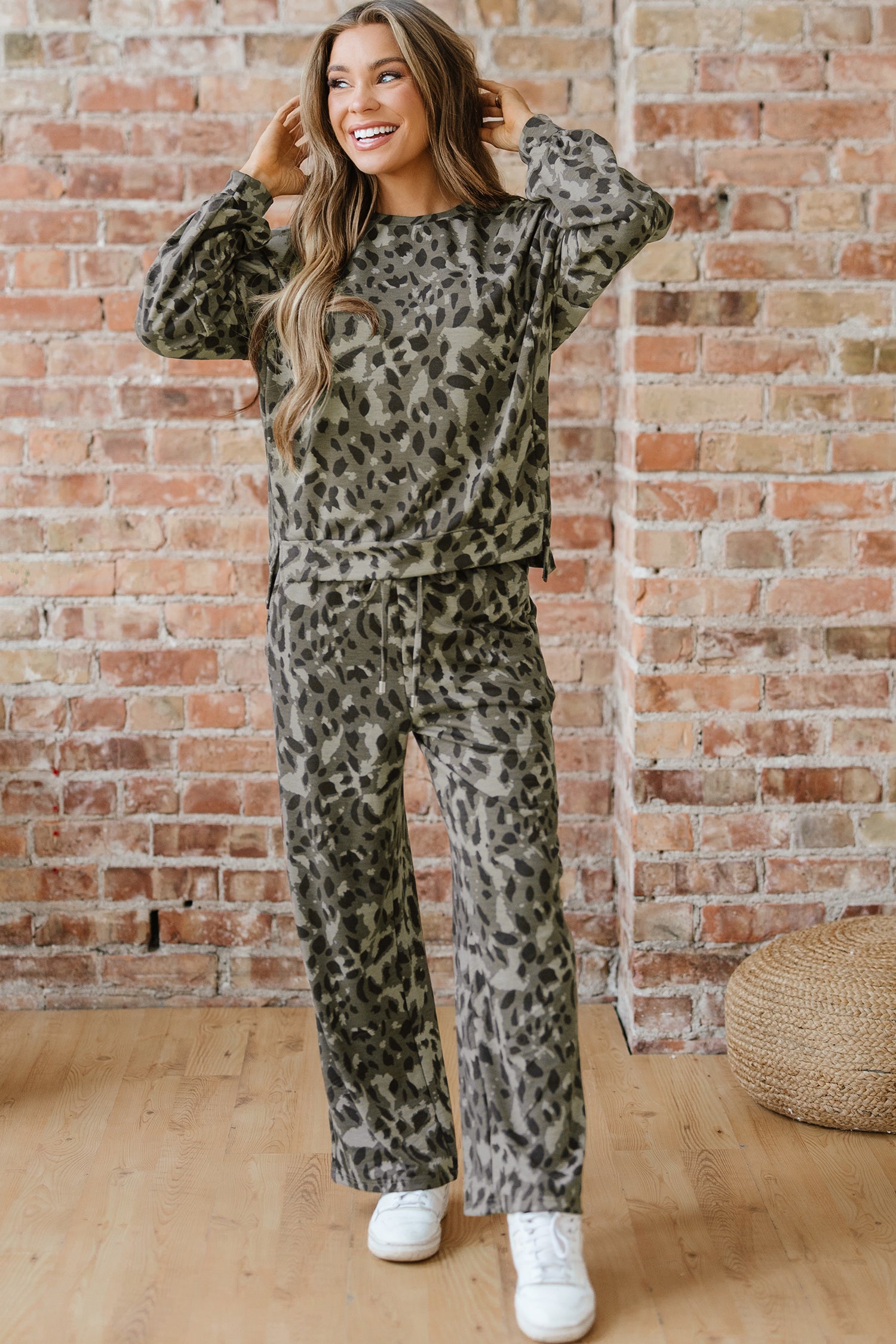 Gray Leopard Print Raw Seam Patchwork Pullover Drawstring Loose Pant Set