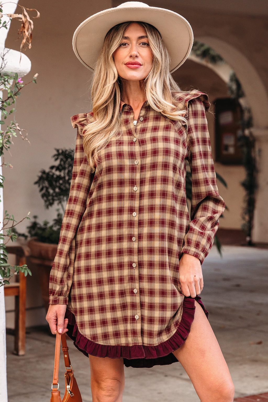 Red Plaid Print Ruffled Long Sleeve Patchwork Hem Mini Shirt Dress