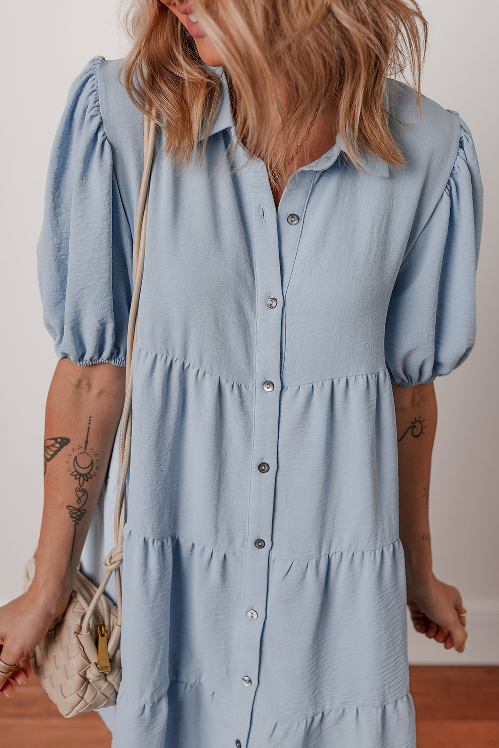 Beau Blue Shirt Collar Button Up Short Puff Sleeve Tiered Shift Dress