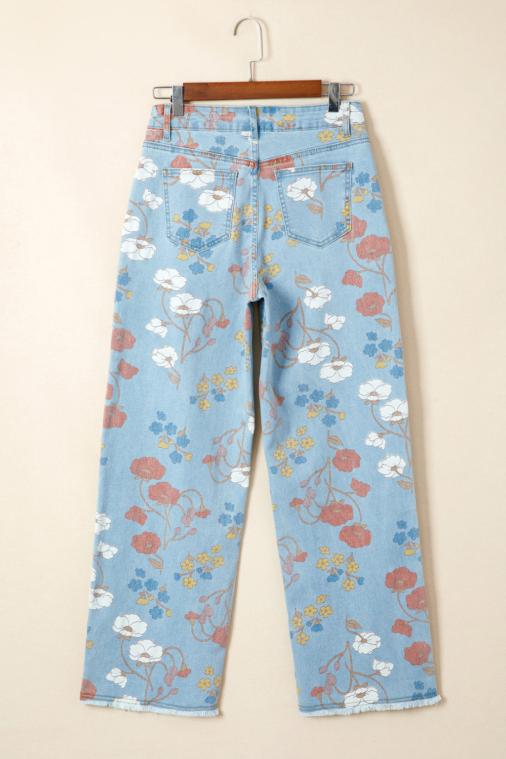 Sky Blue Floral Printed Raw Hem Shift Jeans