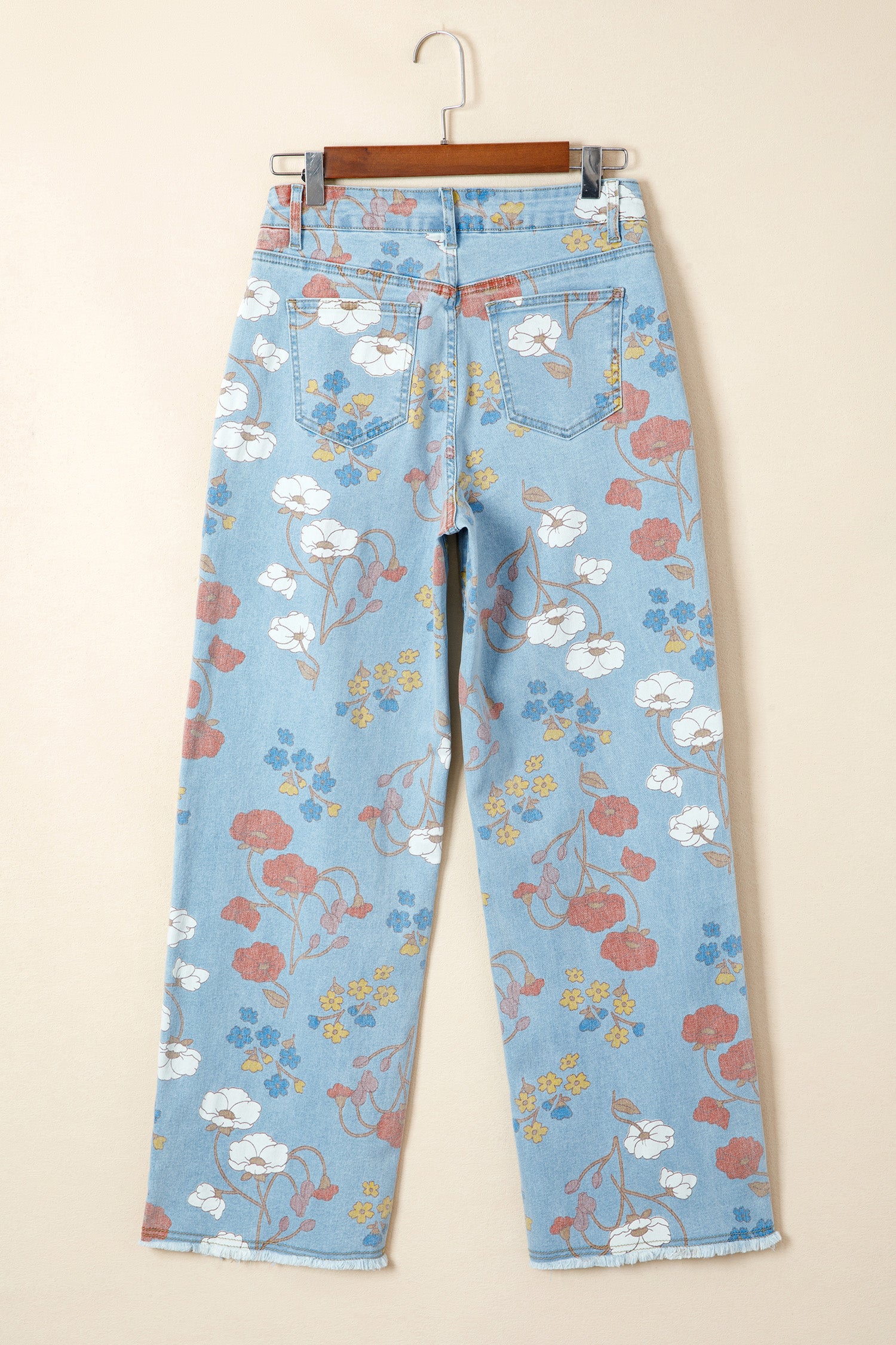 Sky Blue Floral Printed Raw Hem Shift Jeans