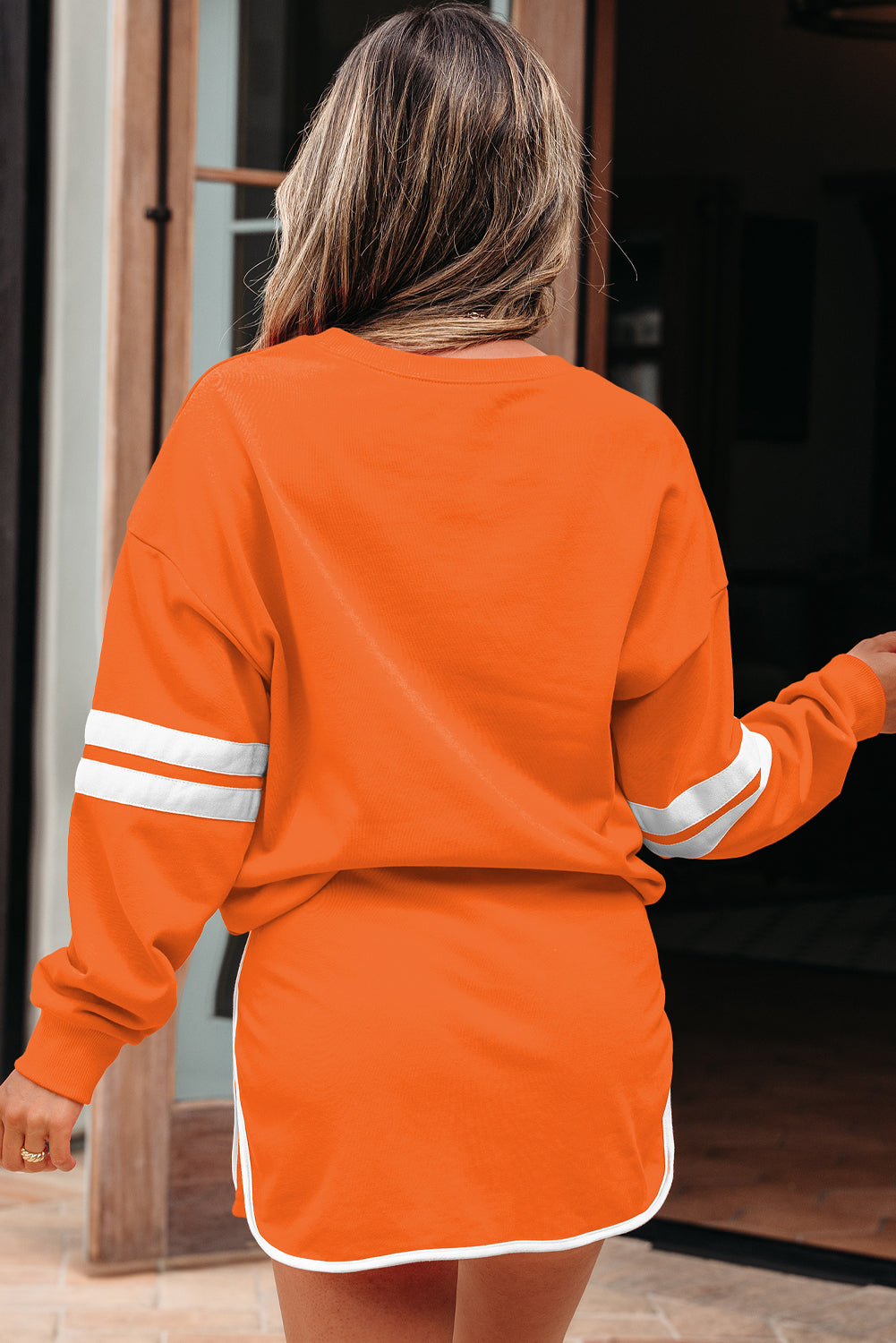 Orange Varsity Stripe Detail Drop Shoulder Pullover Mini Skort Set