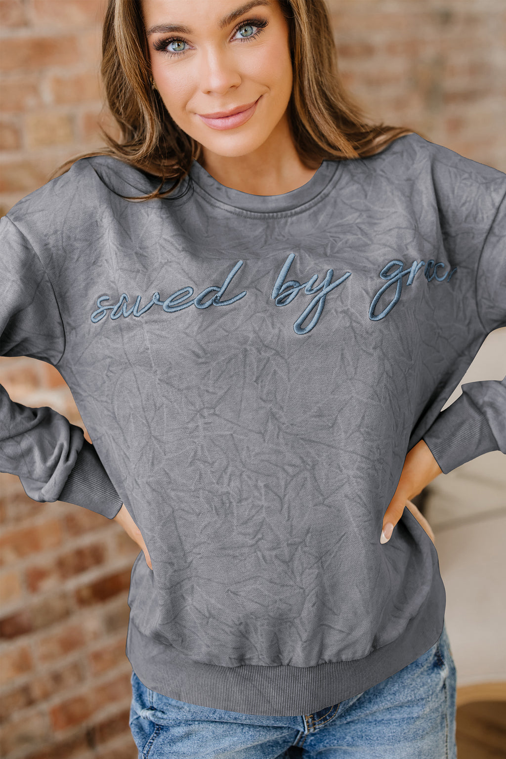 High-rise saved by grace Letter Embroidery Mineral Wash Loose Sweatshirt