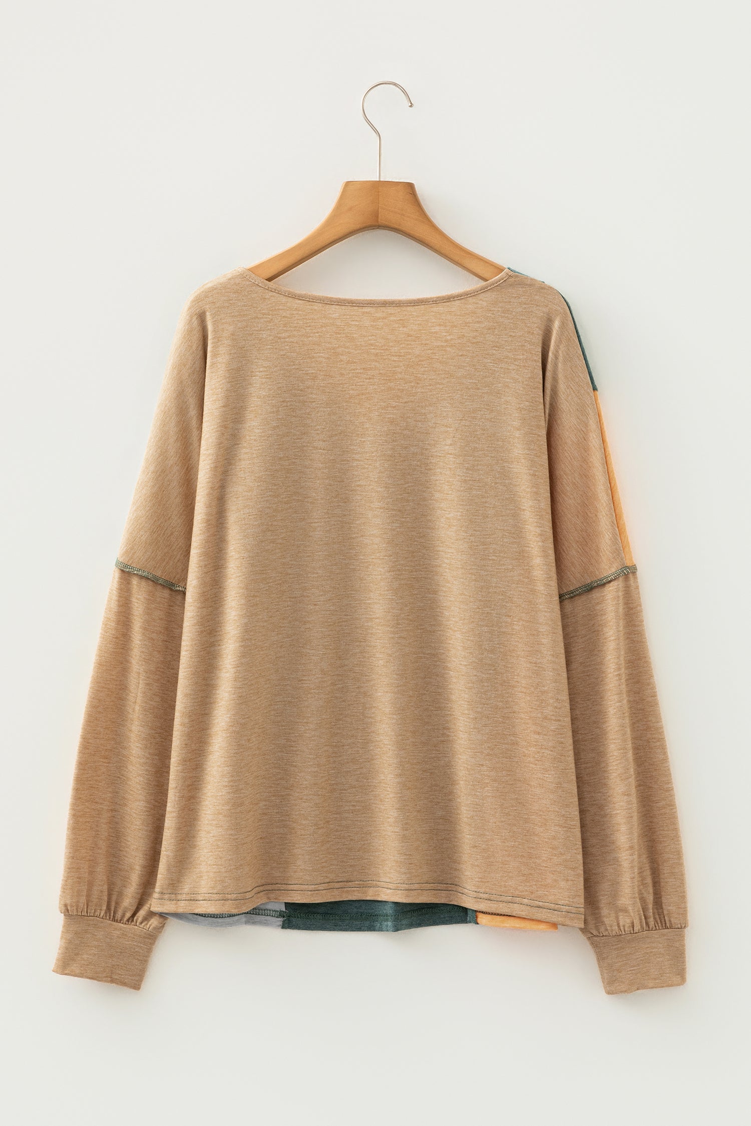 Four Leaf Clover Exposed Stitching Colorblock V Neck Long Sleeve Top