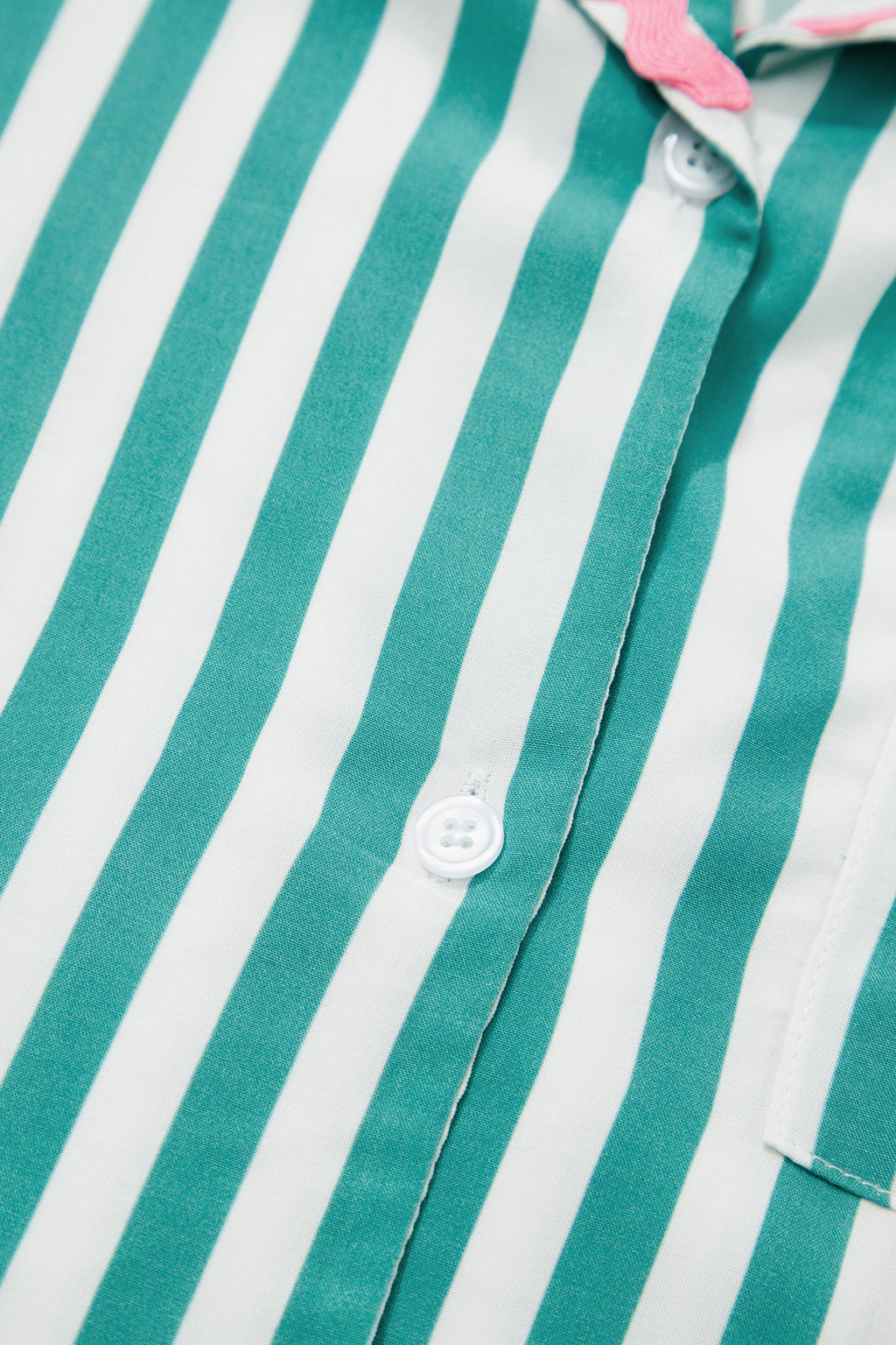 Green Stripe Contrast Ricrac Trim Long Sleeve Shirt Drawstring Ruffled Pajama Short Set