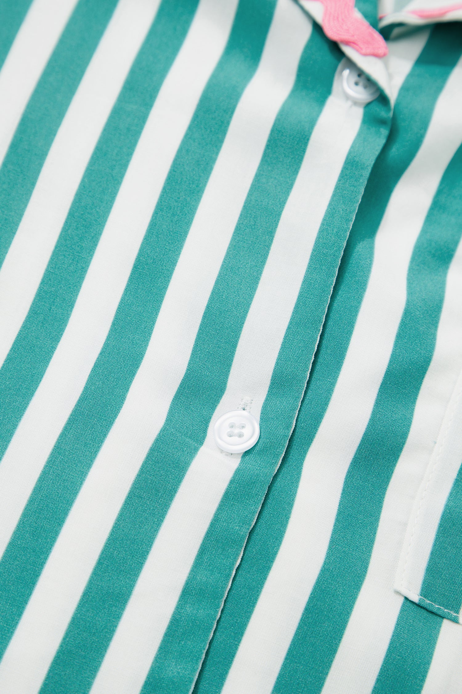 Green Stripe Contrast Ricrac Trim Long Sleeve Shirt Drawstring Ruffled Pajama Short Set