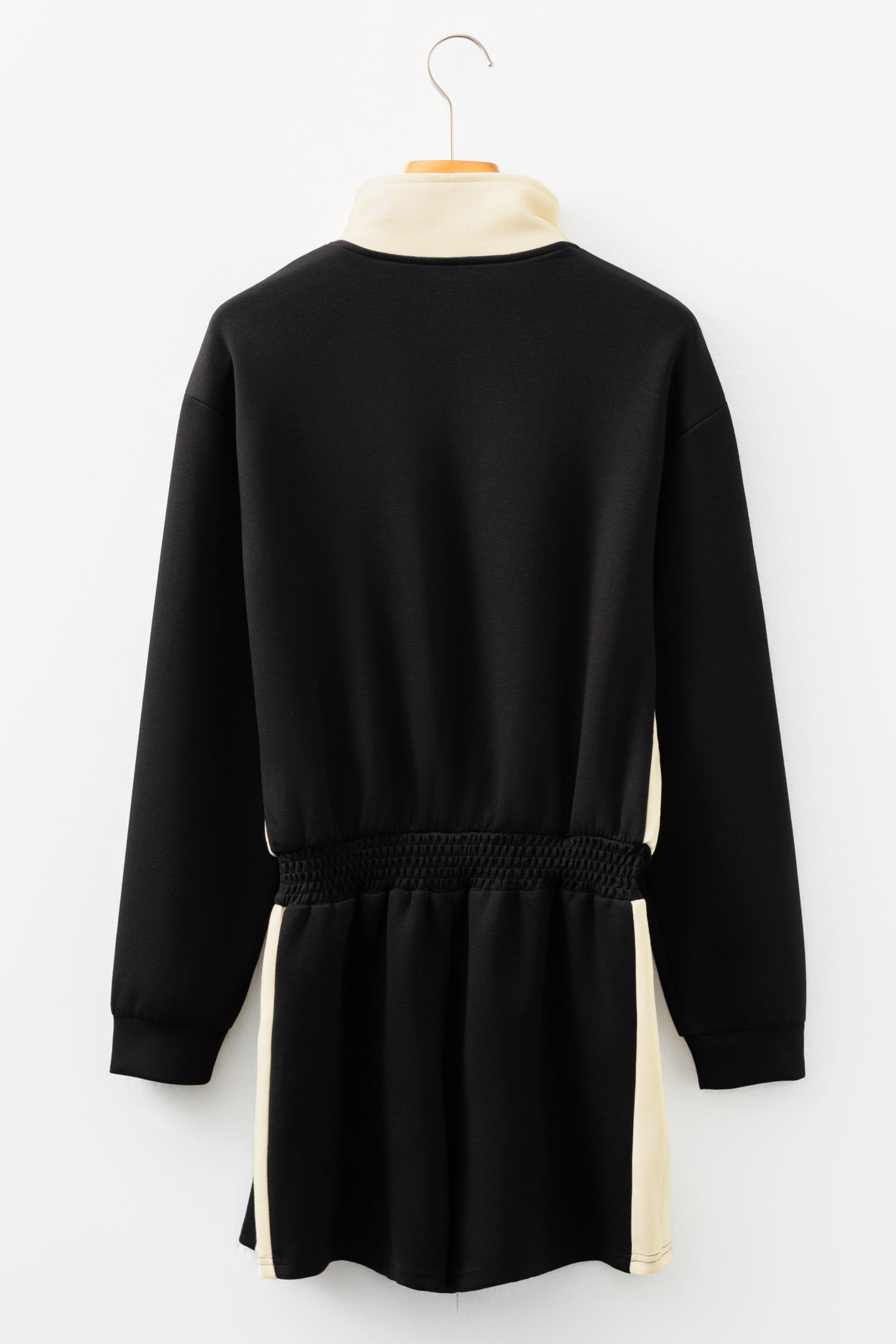 Black Two-tone Long Sleeve Zipped Front Casual Romper