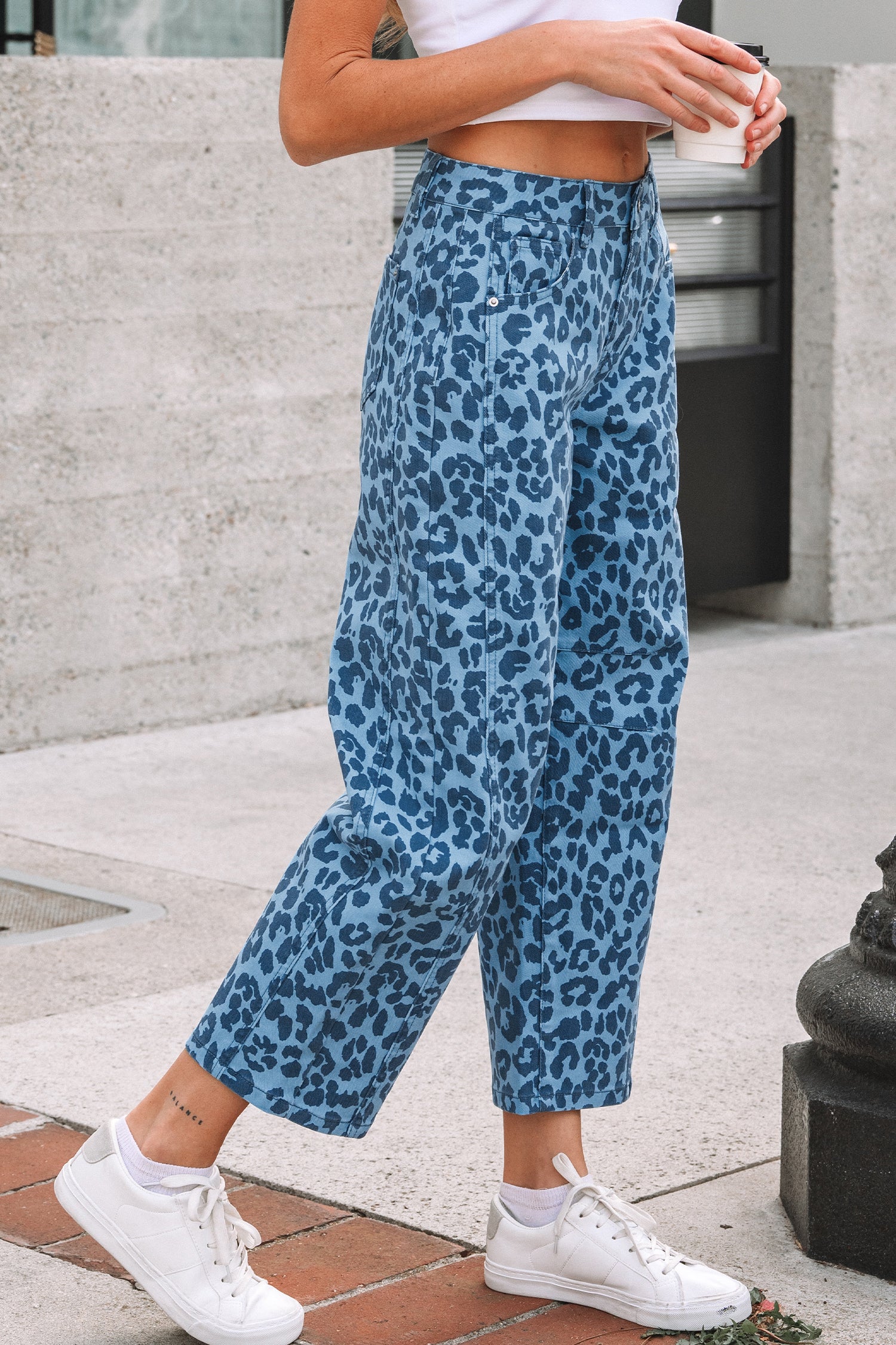 Sky Blue Leopard Print Straight Loose Jeans