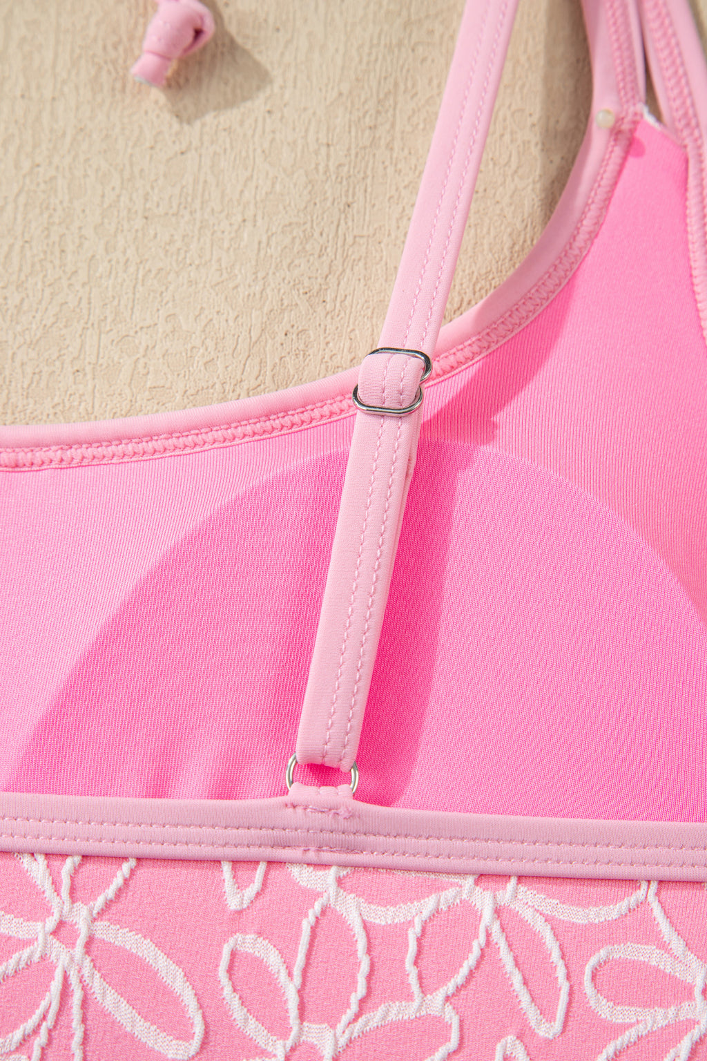 Pink Corded Flower Texture Spaghetti Straps Halterneck One Piece Swimsuit