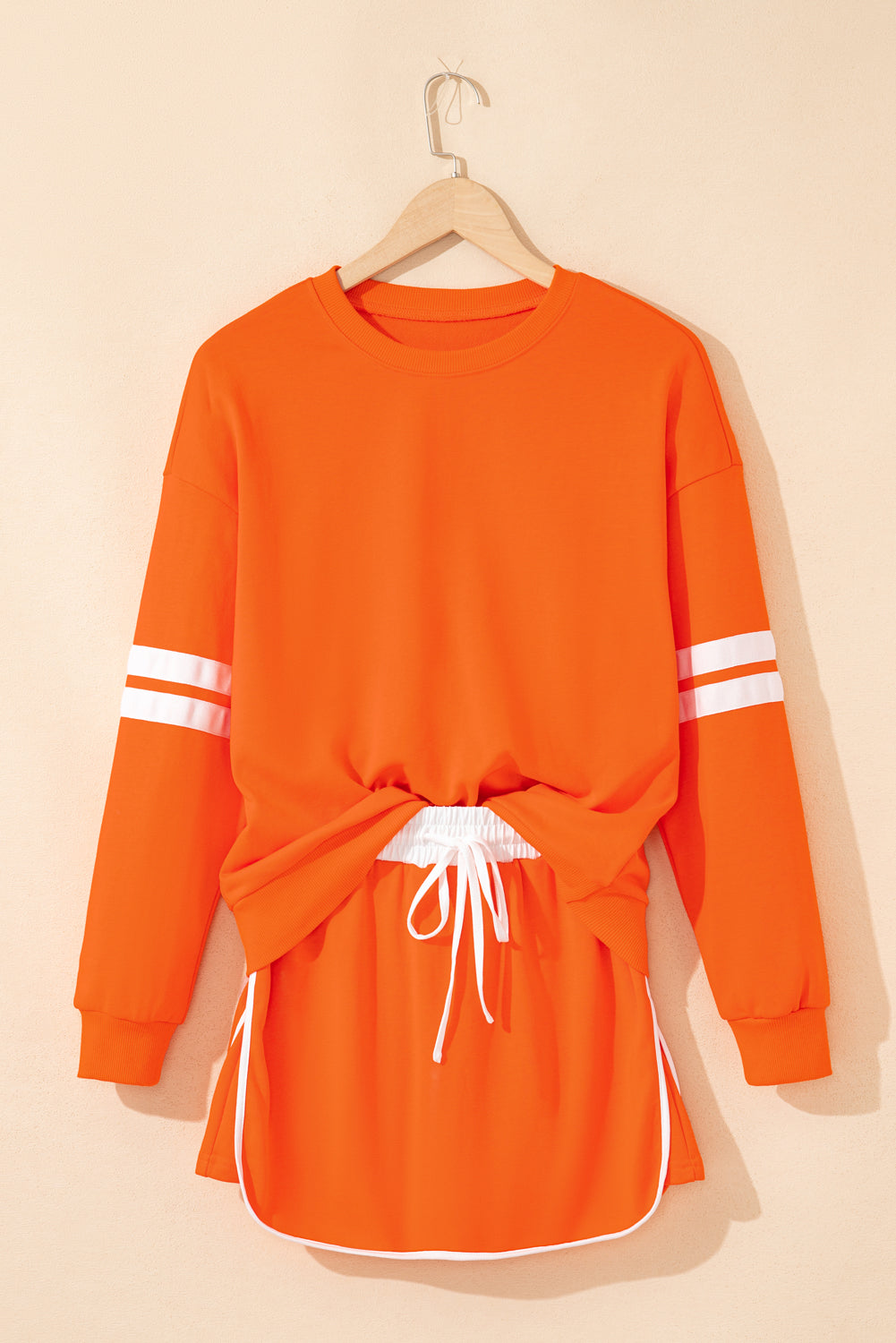 Orange Varsity Stripe Detail Drop Shoulder Pullover Mini Skort Set