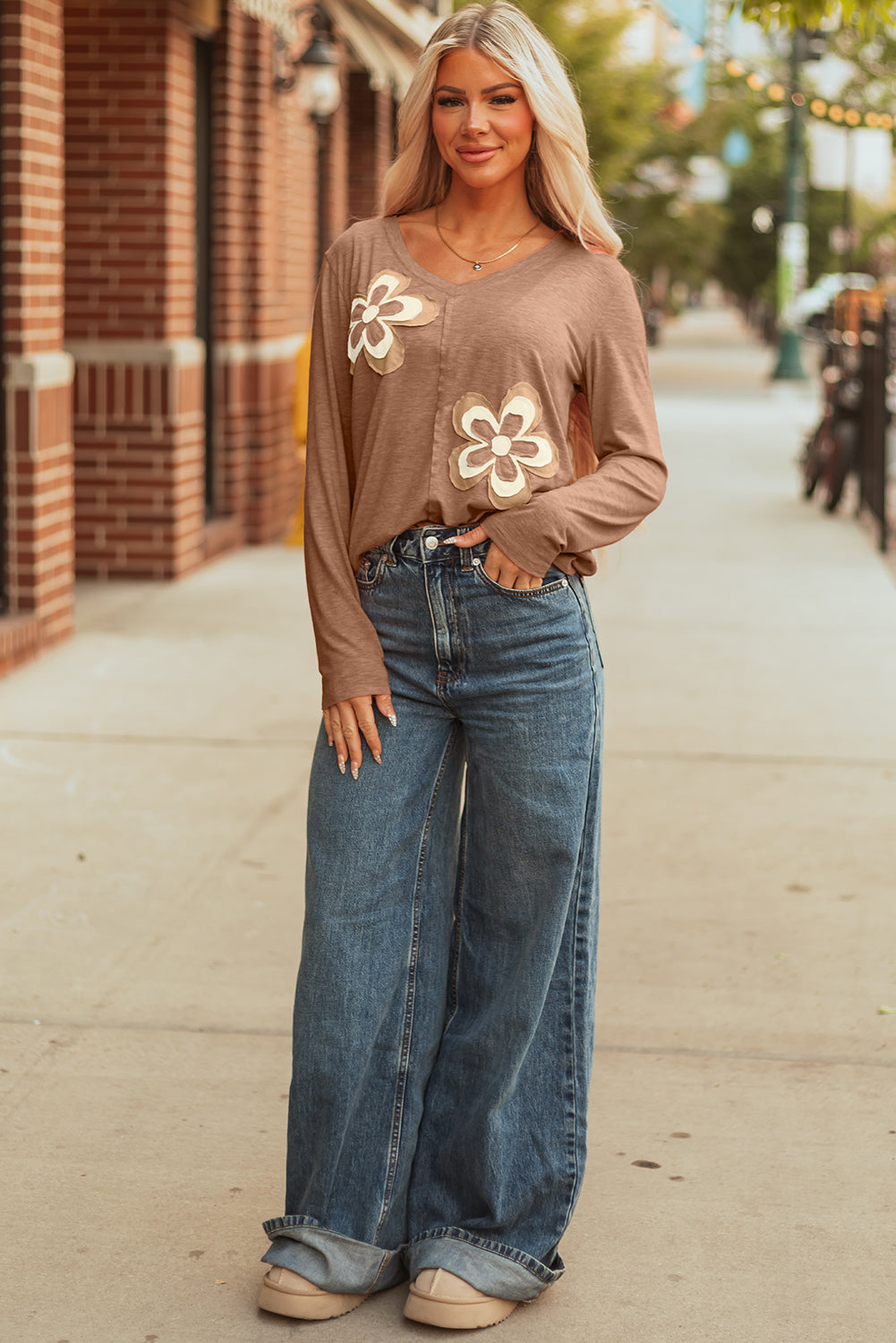 Straw Yellow Floral Patchwork V Neck Long Sleeve T Shirt